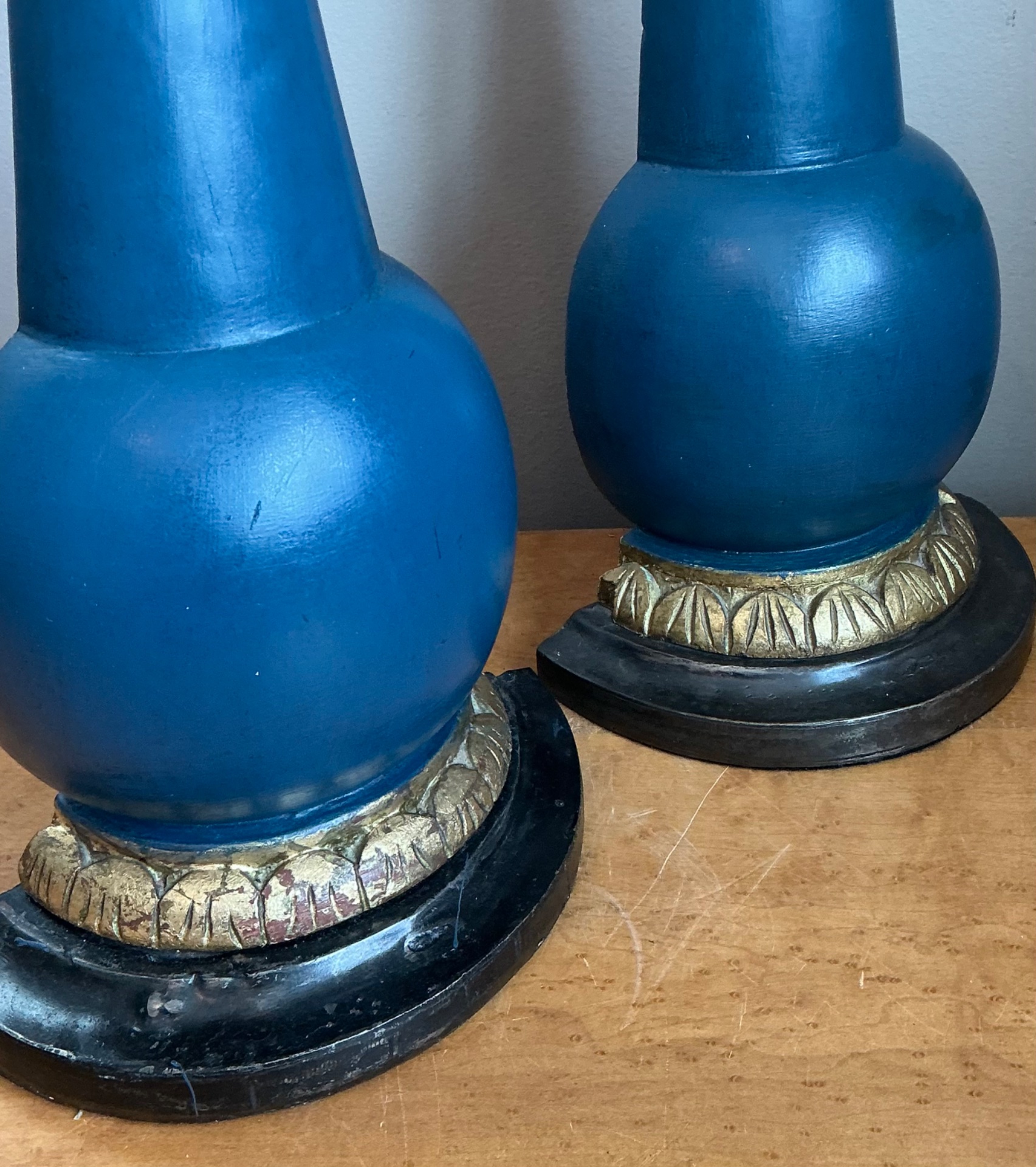 Vintage Blue Gilt Accented Table Wood Half Lamps - Pair - Top view