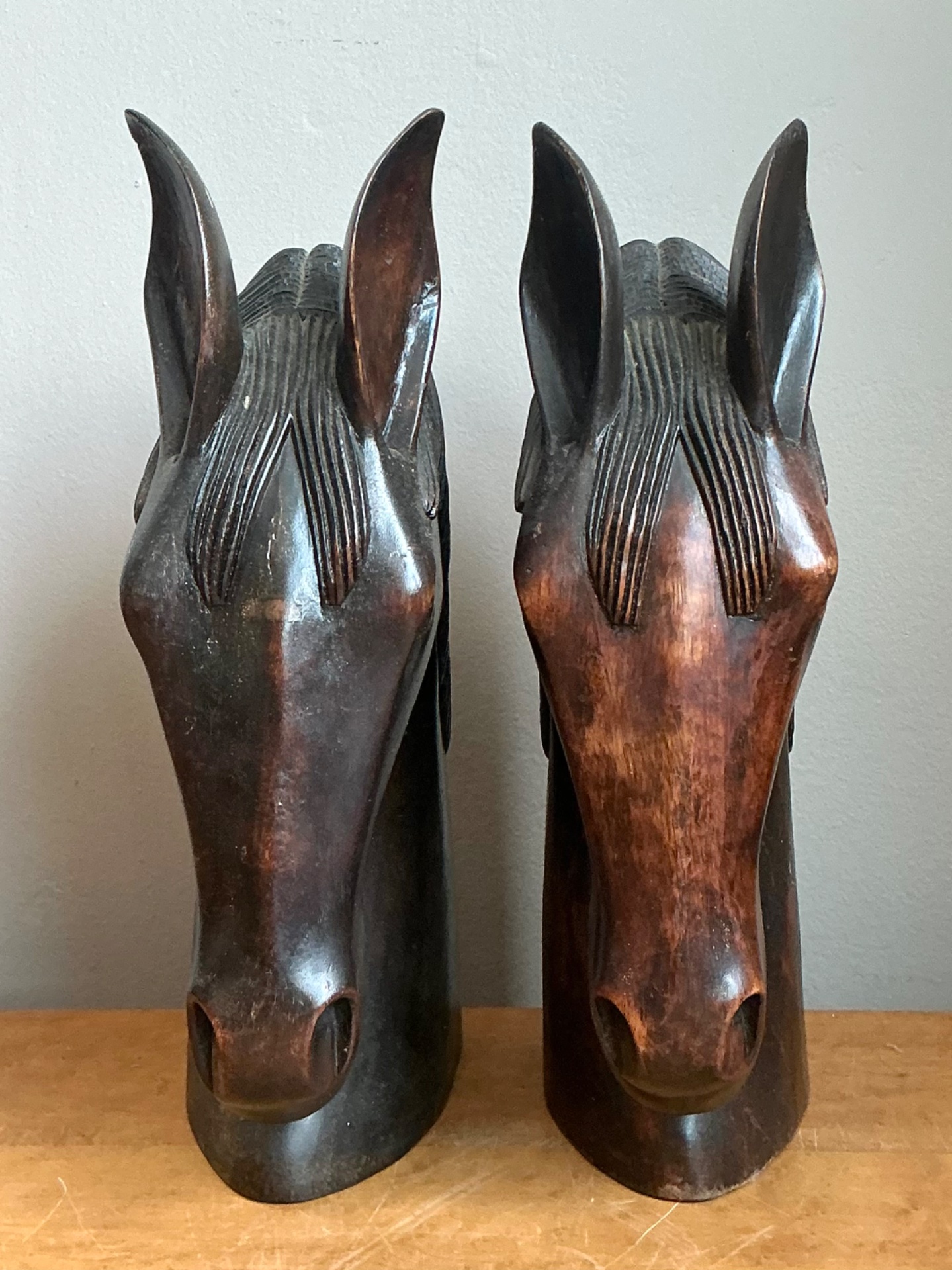 Vintage Carved Wood Horse Head Sculptures - Pair - Top view