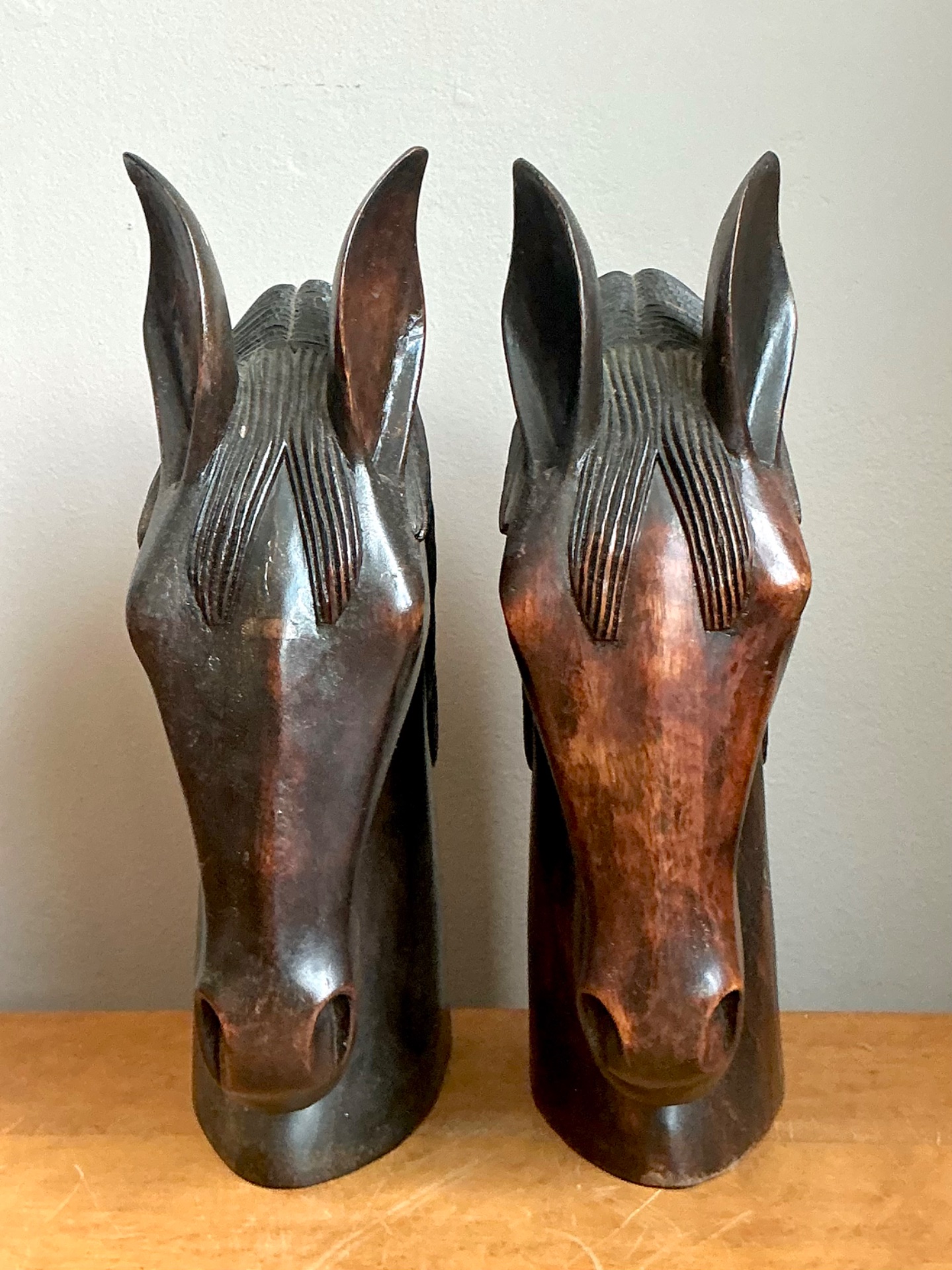 Vintage Carved Wood Horse Head Sculptures - Pair - Side view