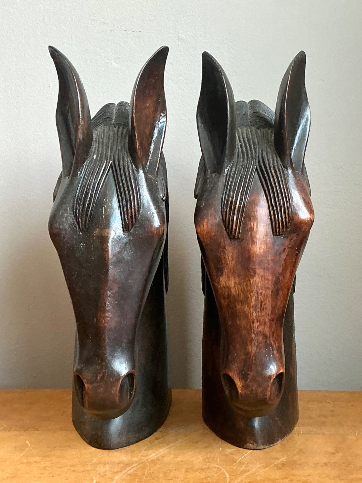 Vintage Carved Wood Horse Head Sculptures - Pair - Top view