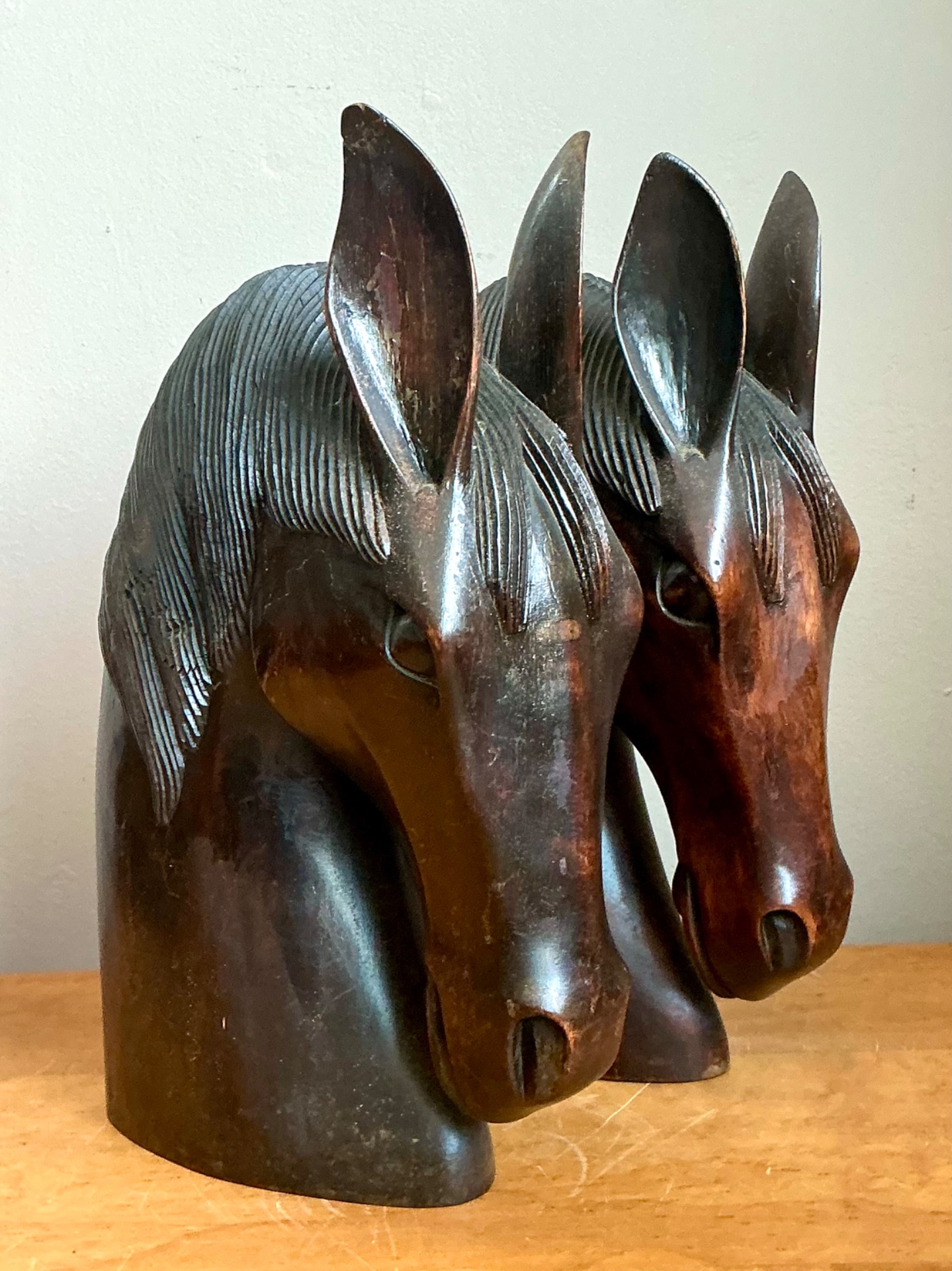 Vintage Carved Wood Horse Head Sculptures - Pair - Side view