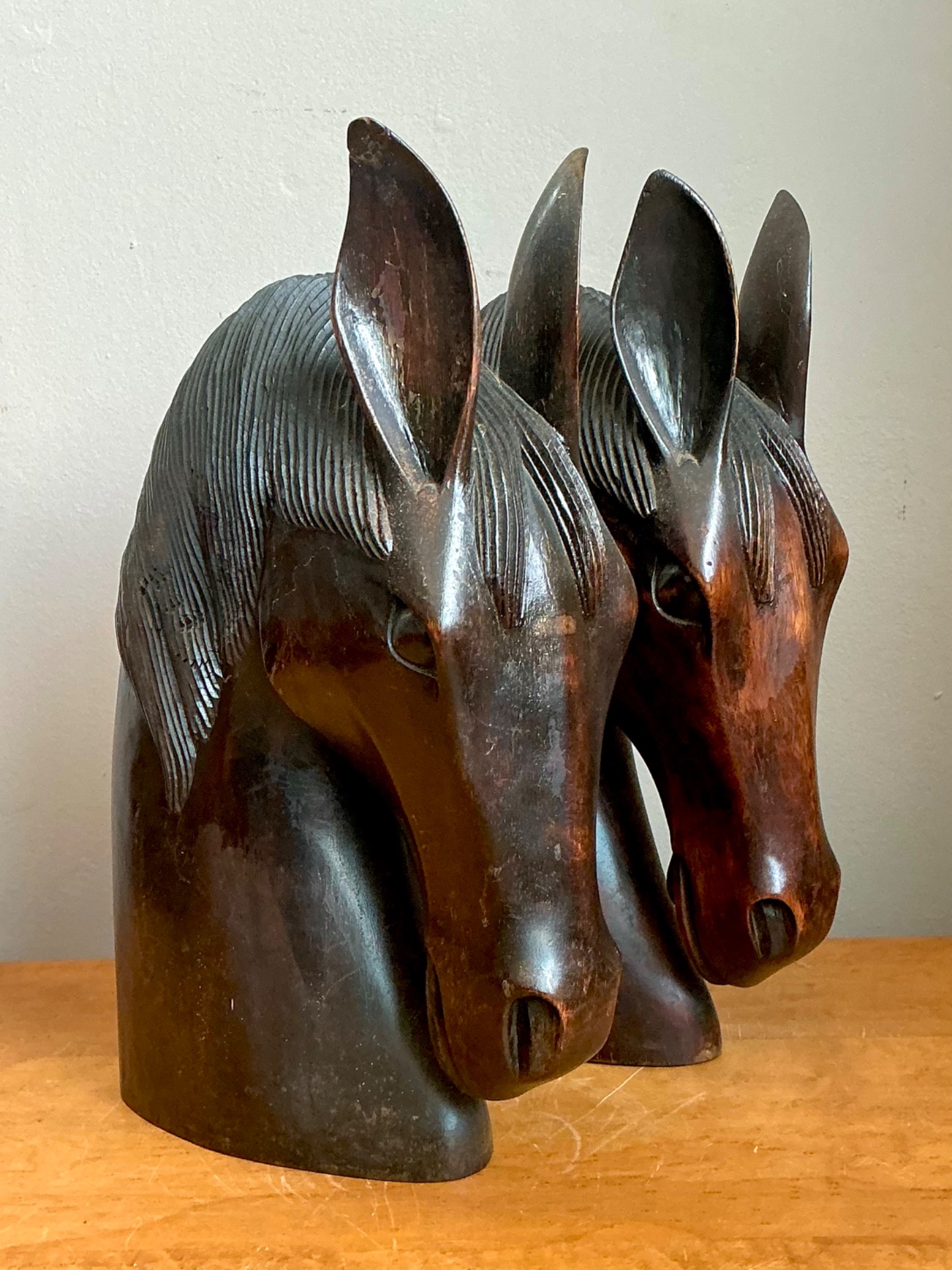 Vintage Carved Wood Horse Head Sculptures - Pair - Back view