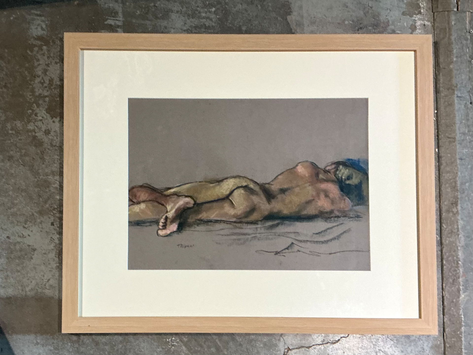 Vintage Framed Reclining Nude Pastel Drawing - Back view