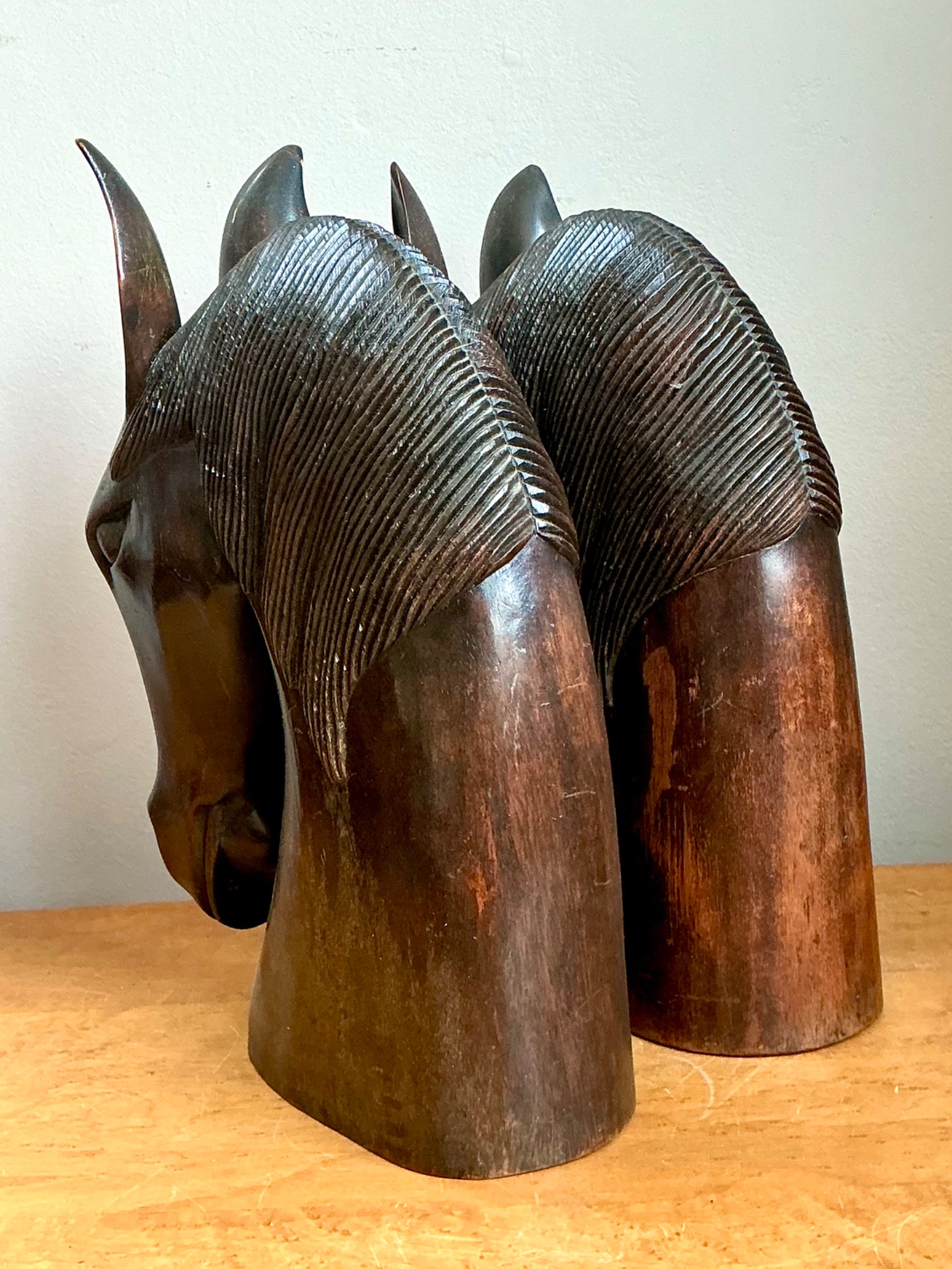 Vintage Carved Wood Horse Head Sculptures - Pair - Back view