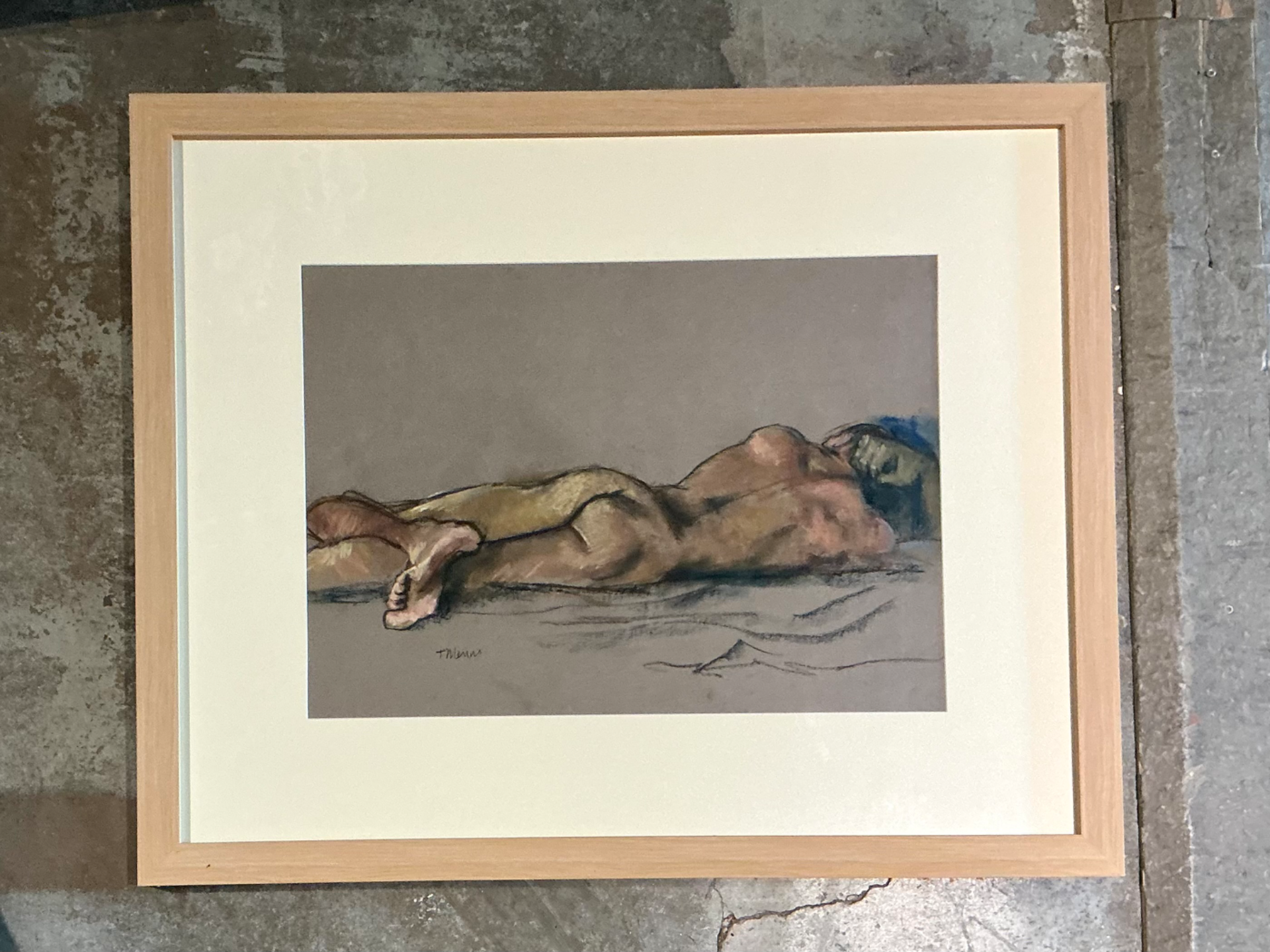 Vintage Framed Reclining Nude Pastel Drawing - Top view