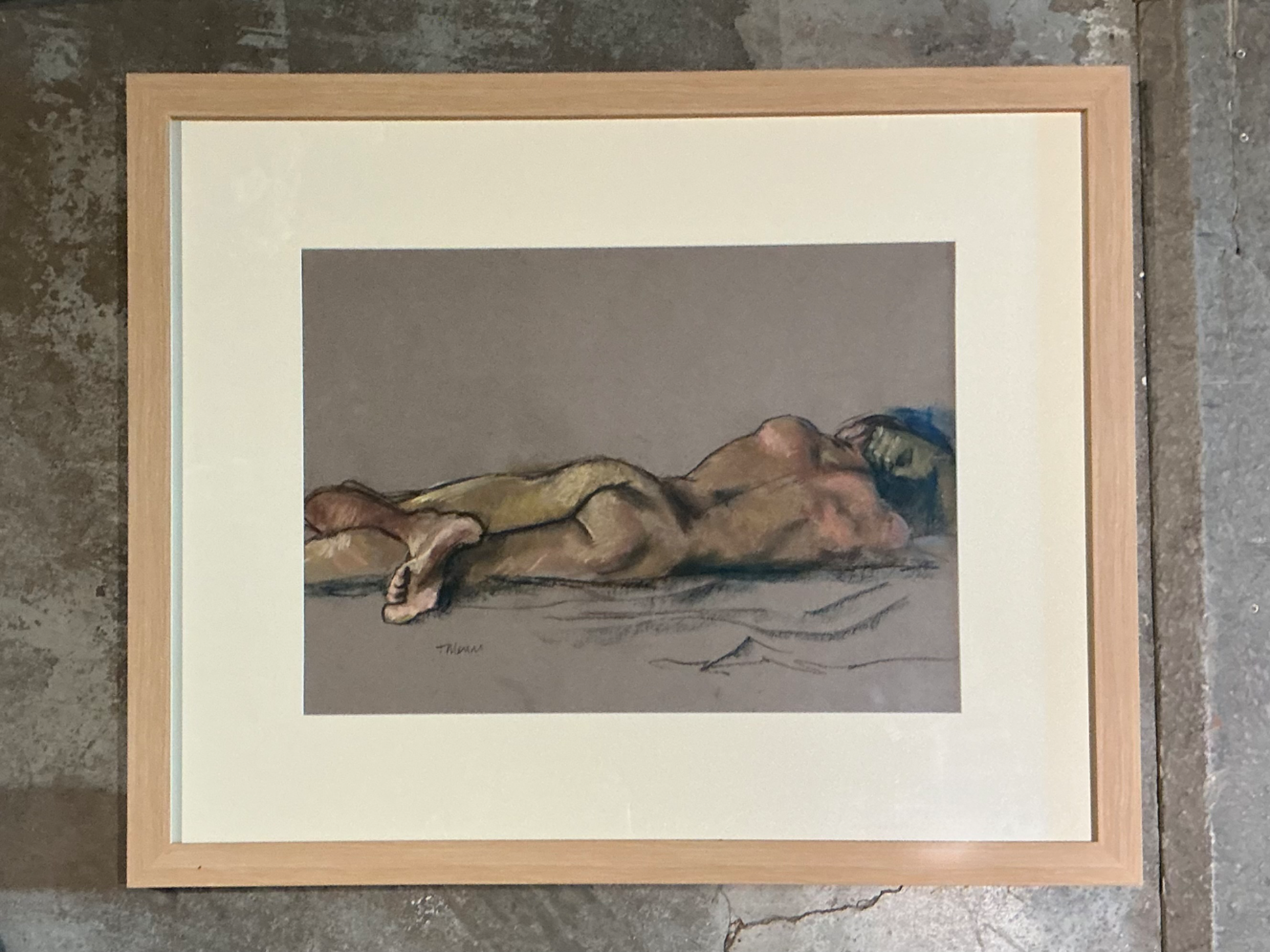Vintage Framed Reclining Nude Pastel Drawing - Detail view
