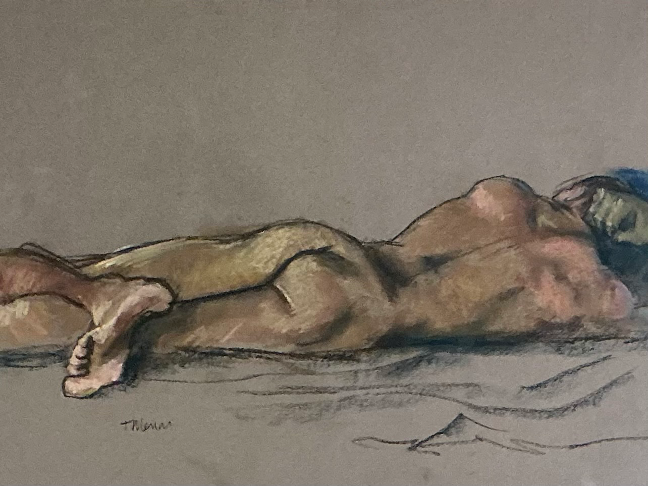 Vintage Framed Reclining Nude Pastel Drawing - Side view