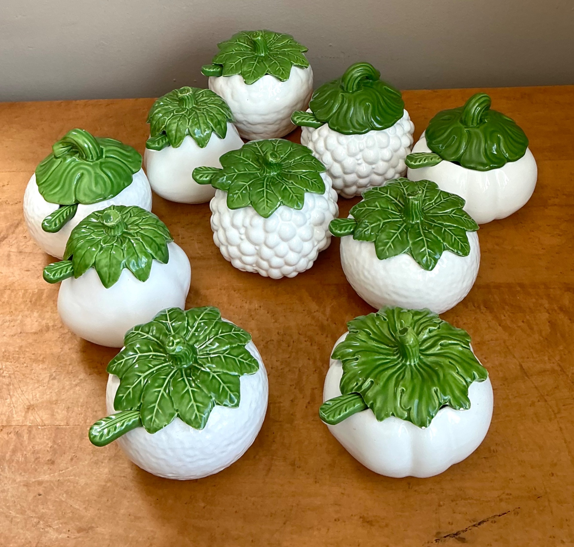 Vintage Italian Green Leaf Ceramic Pots - Set of 10 - Top view