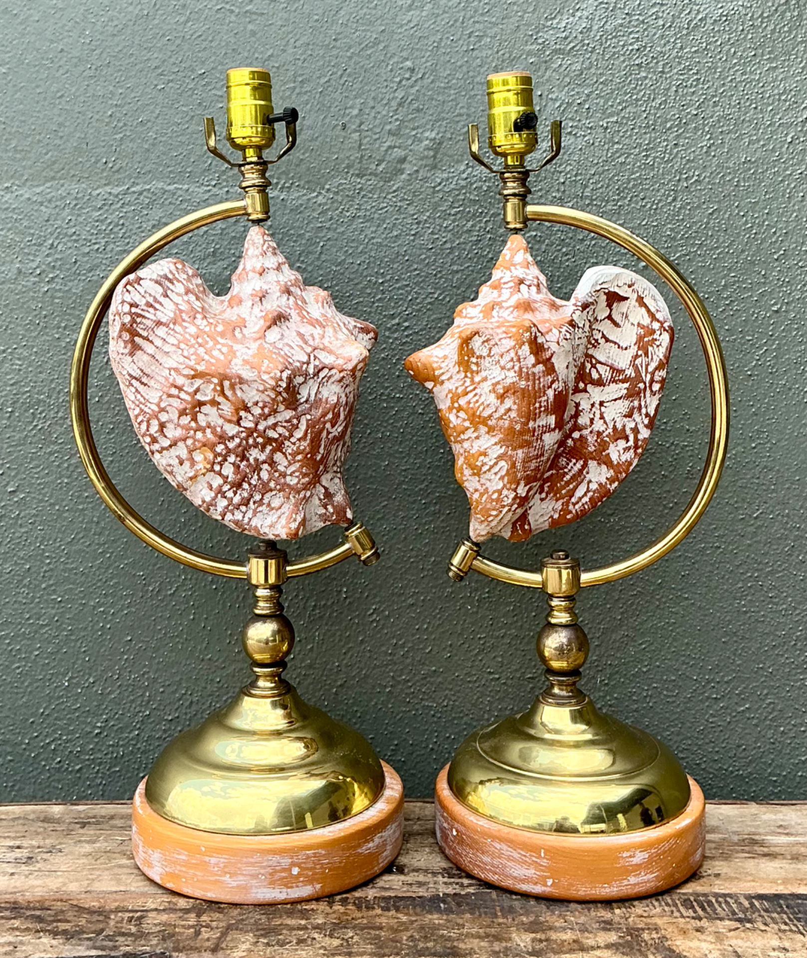 Vintage Brass and Wood Shell Lamps - Pair - Top view