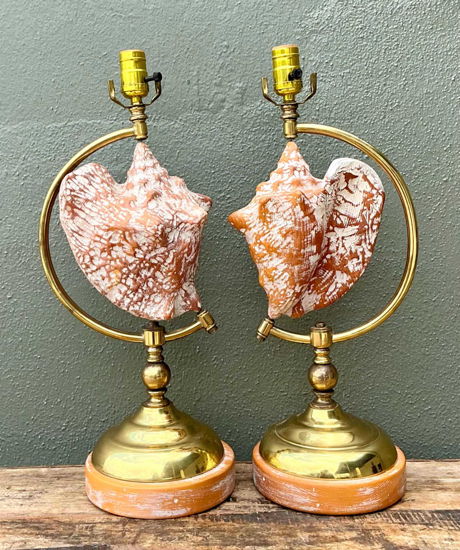 Vintage Brass and Wood Shell Lamps - Pair - Side view