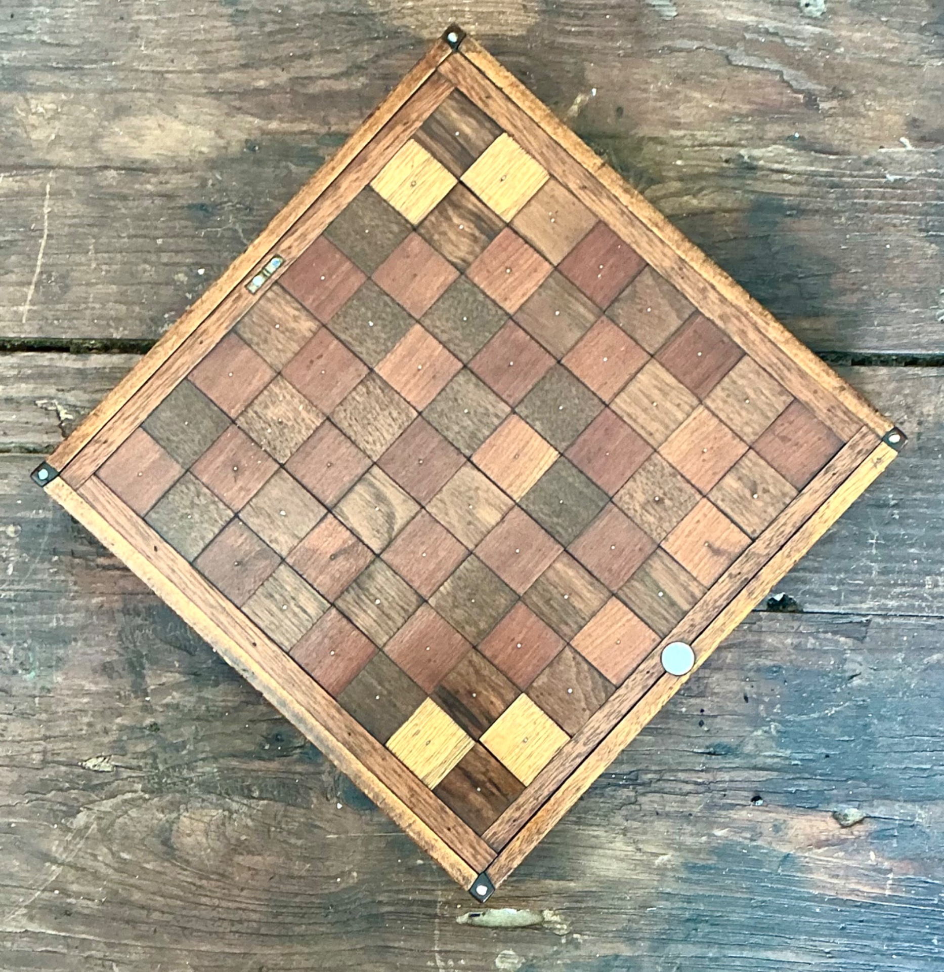 Vintage Wooden Chessboard with Metal Accents - Side view