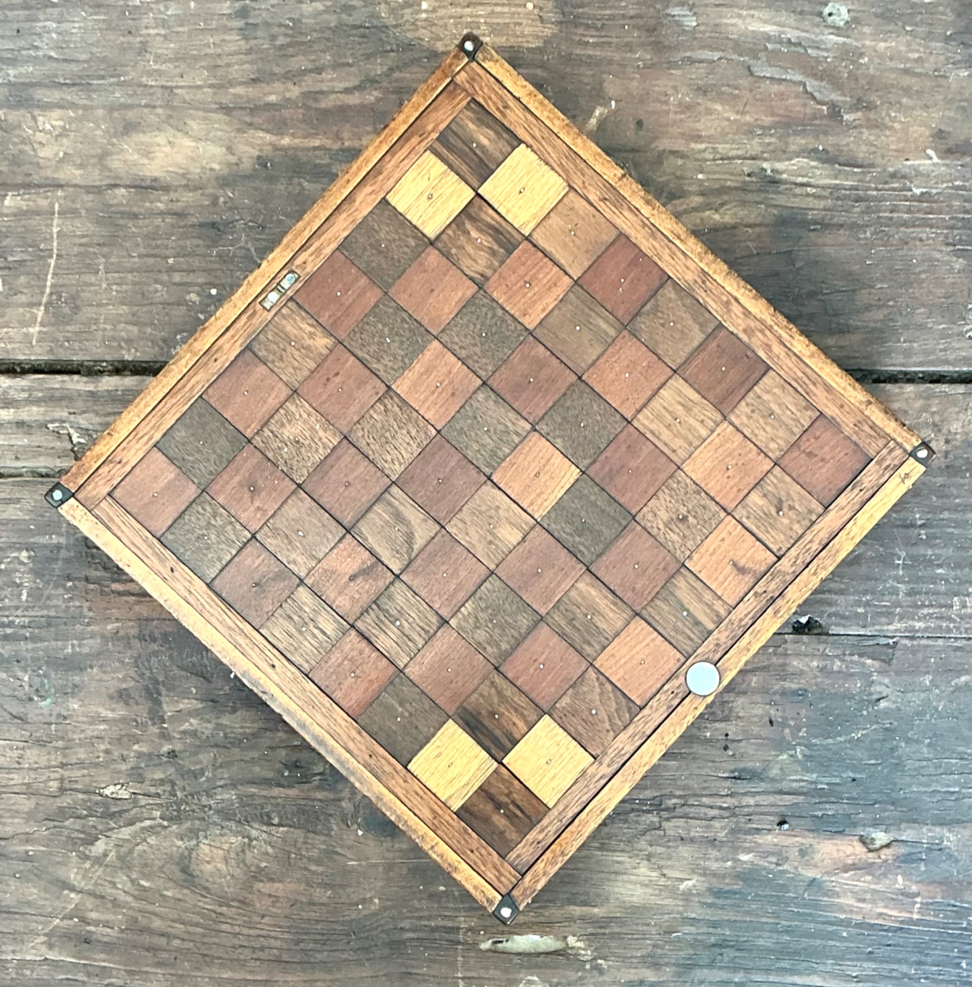 Vintage Wooden Chessboard with Metal Accents - Top view