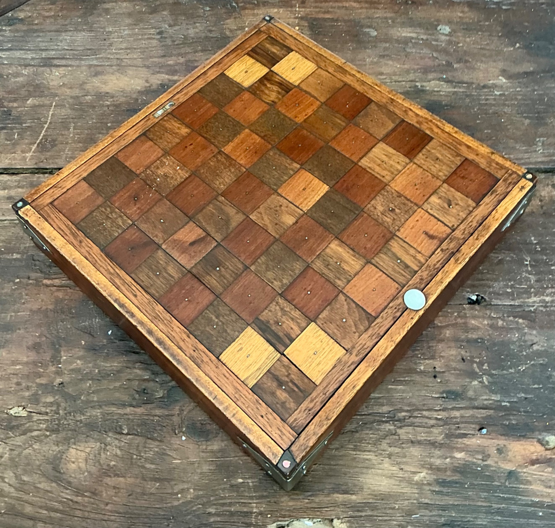 Vintage Wooden Chessboard with Metal Accents - Detail view