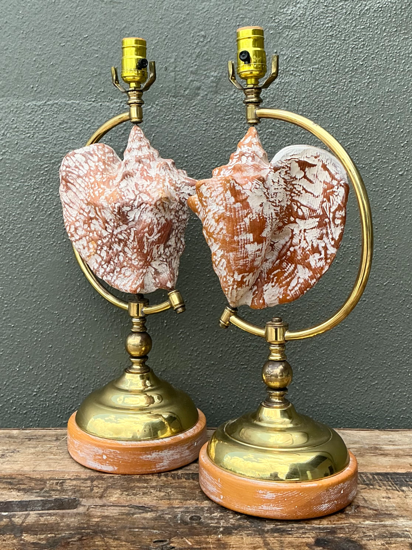 Vintage Brass and Wood Shell Lamps - Pair - Back view