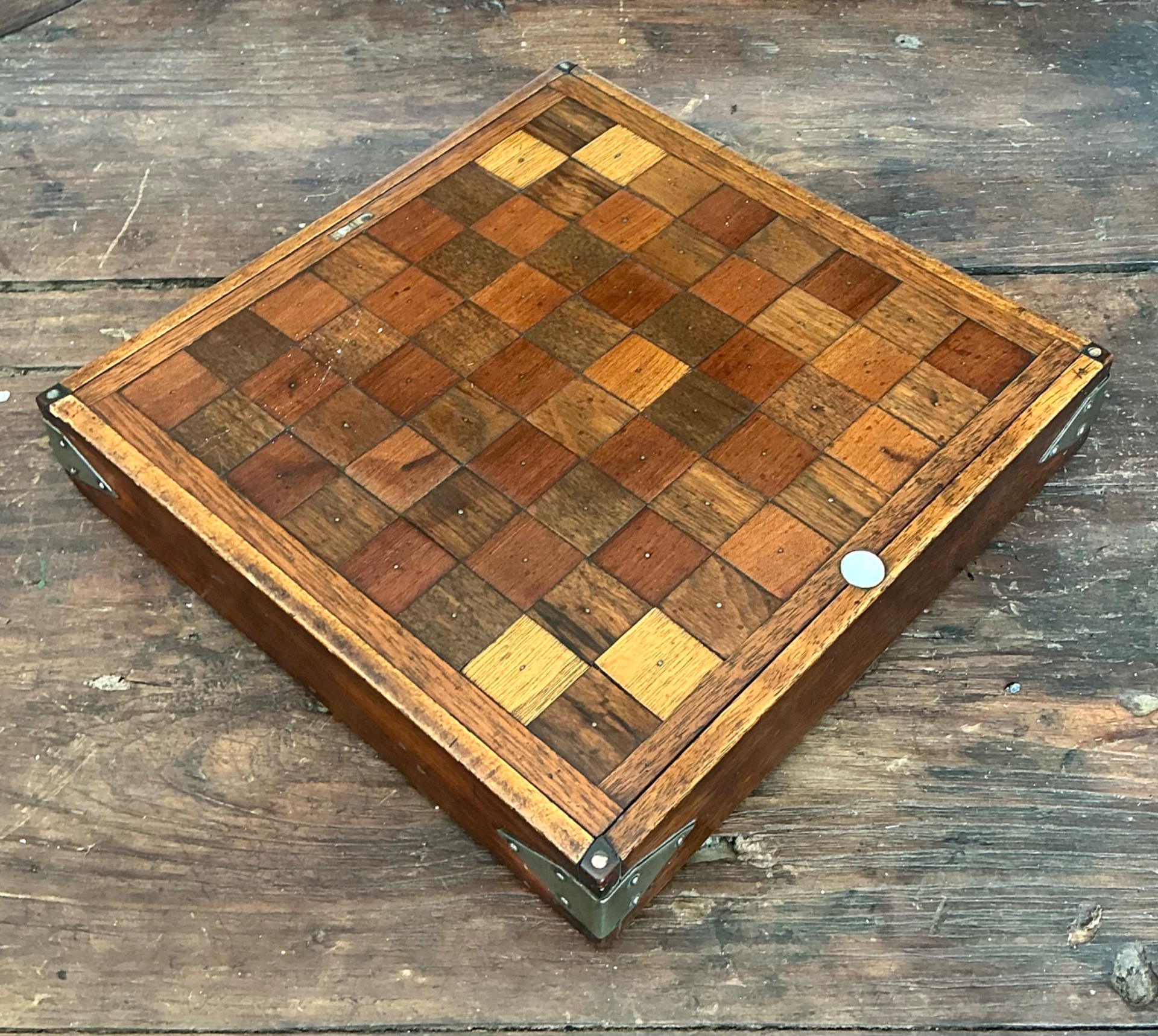 Vintage Wooden Chessboard with Metal Accents - Top view