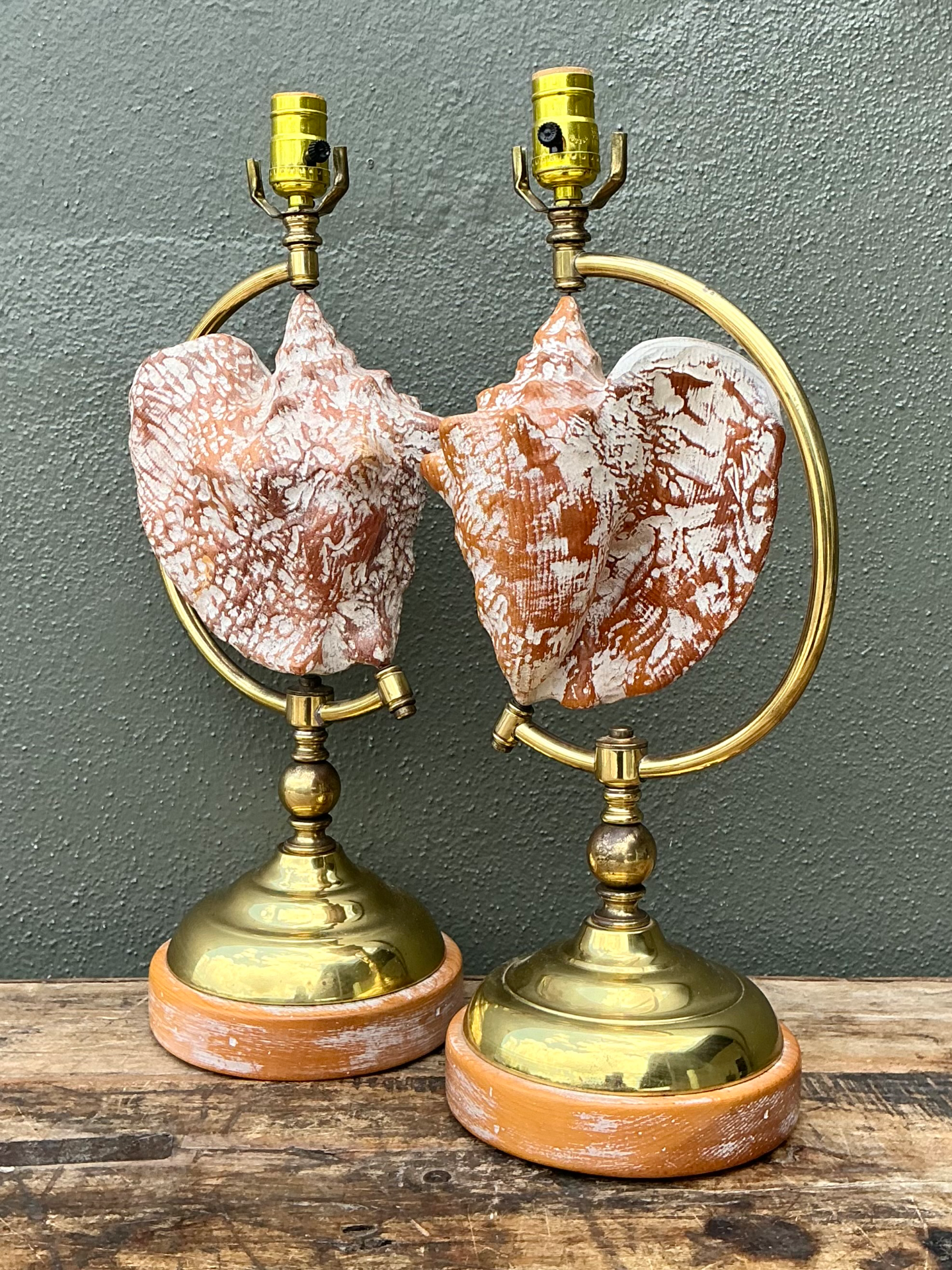 Vintage Brass and Wood Shell Lamps - Pair - Detail view