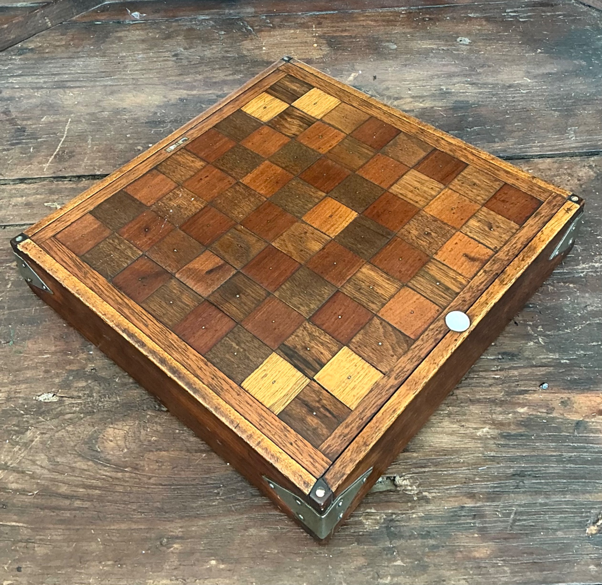 Vintage Wooden Chessboard with Metal Accents - Detail view