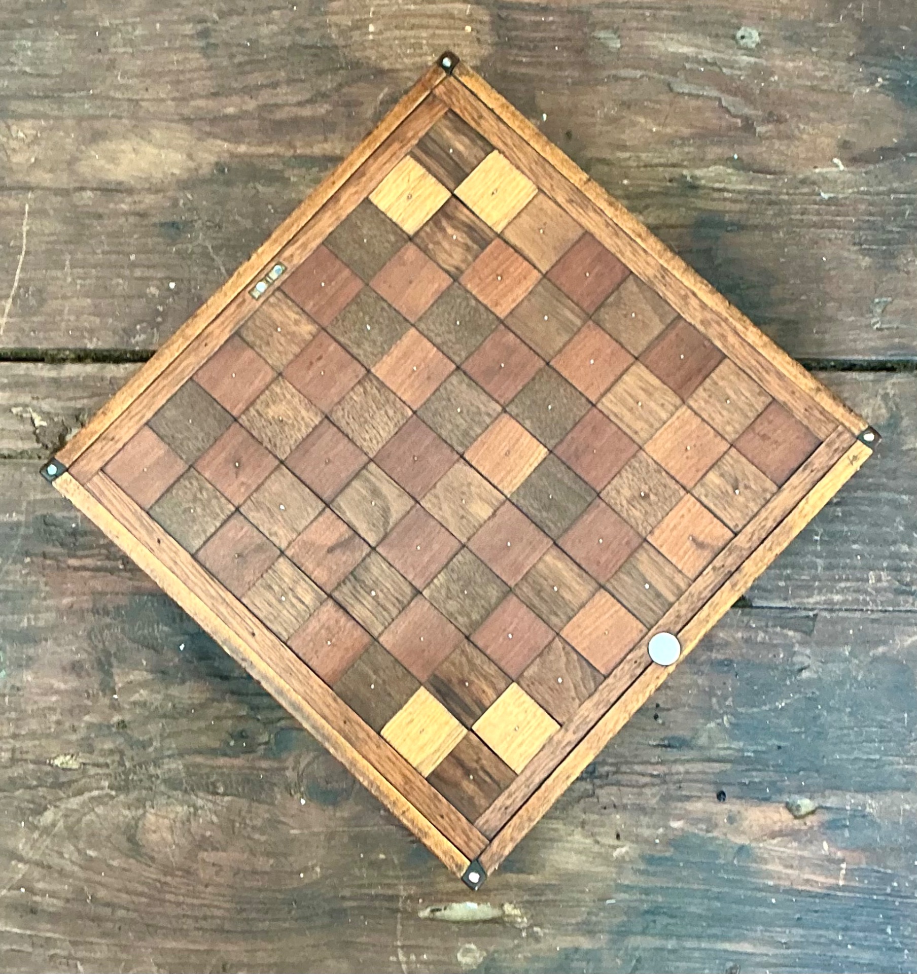 Vintage Wooden Chessboard with Metal Accents - Back view