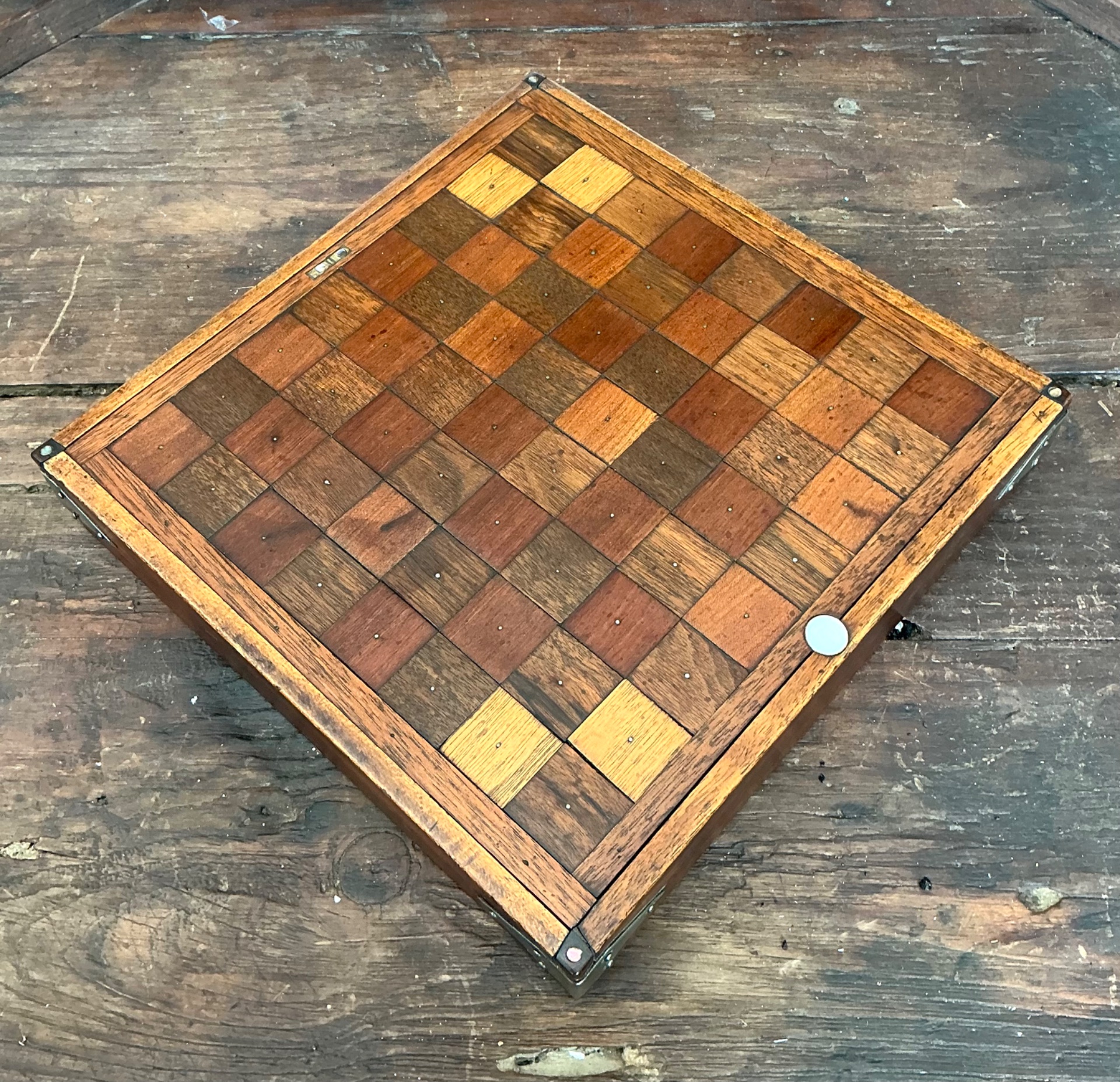 Vintage Wooden Chessboard with Metal Accents - Back view