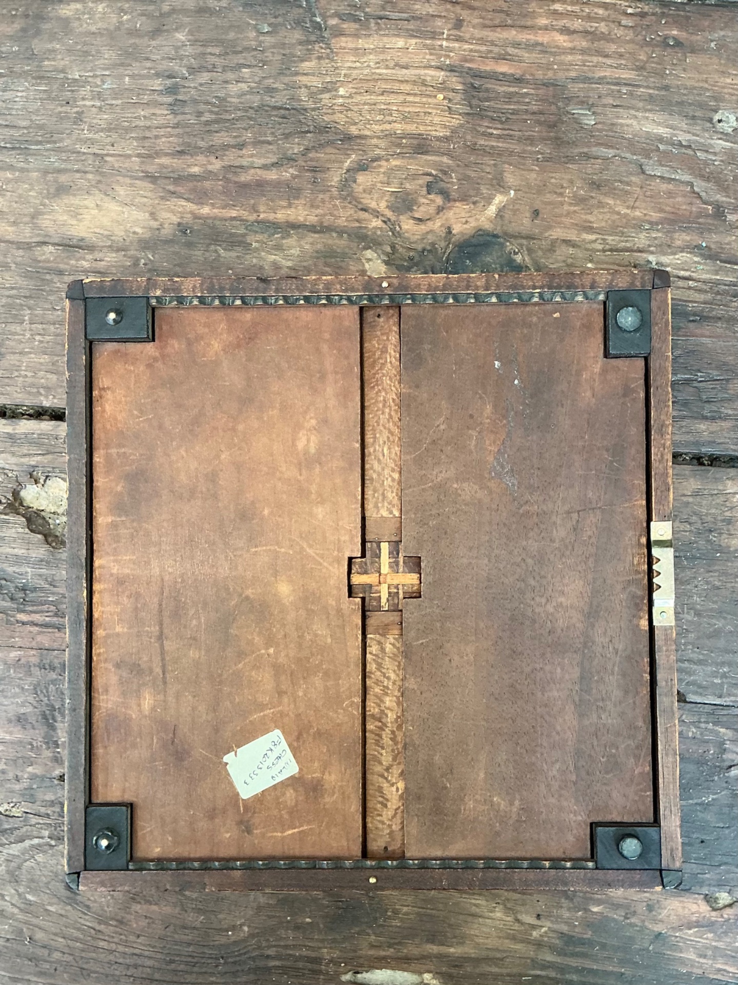 Vintage Wooden Chessboard with Metal Accents - Side view