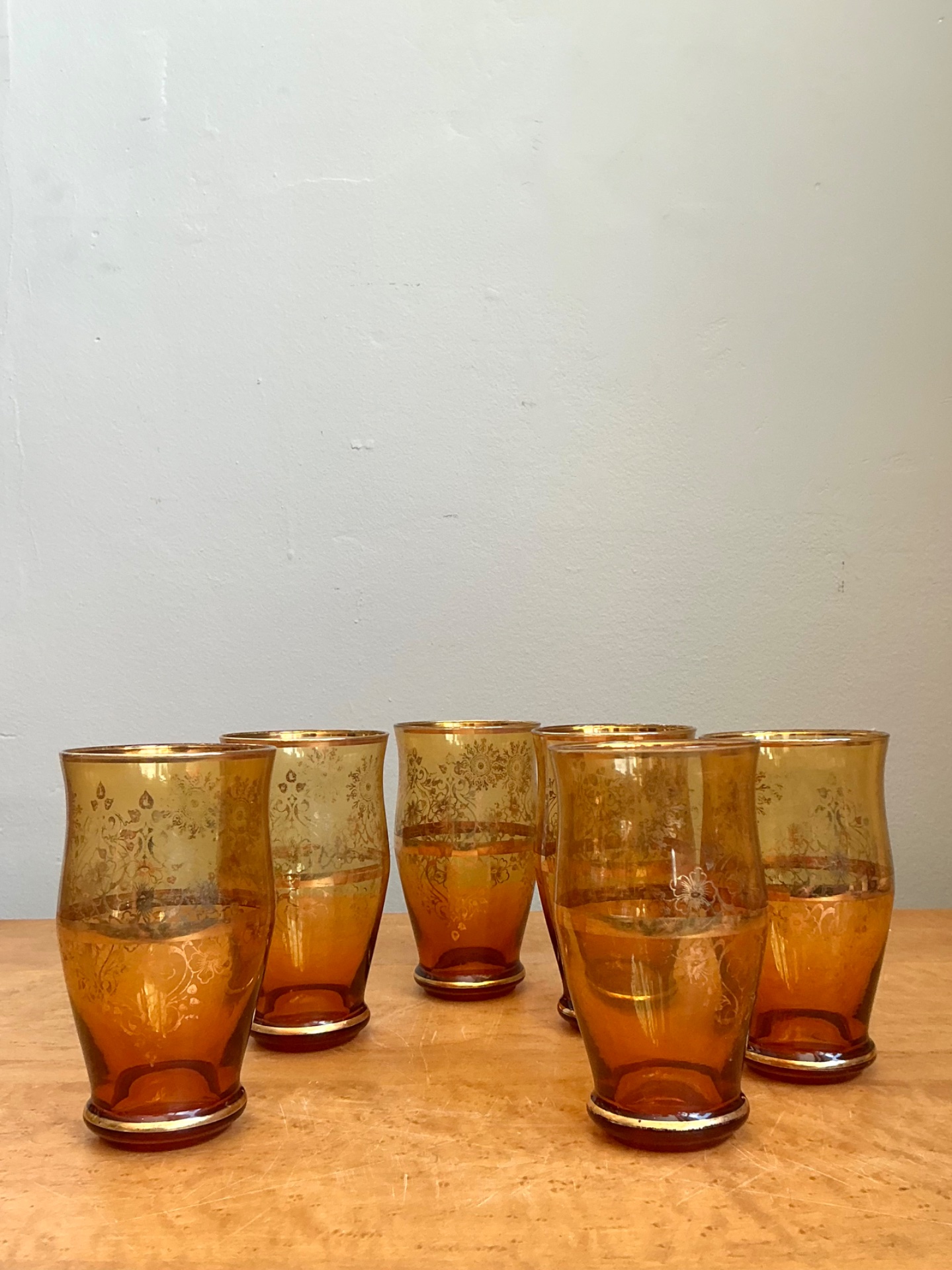 Vintage Amber Floral Glass Tumblers - Set of 6 - Back view