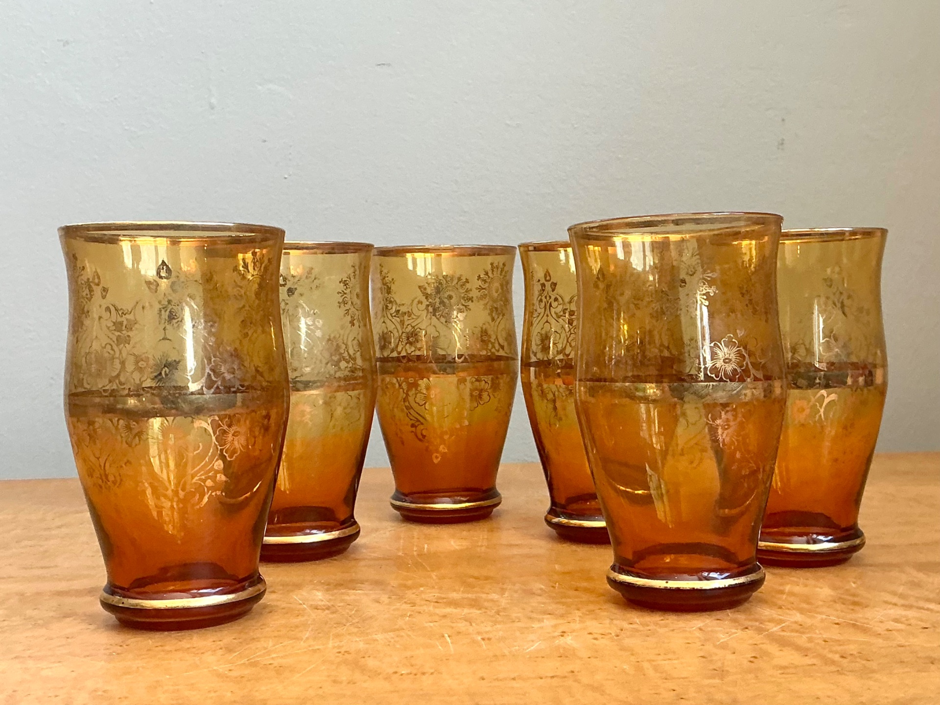 Vintage Amber Floral Glass Tumblers - Set of 6 - Back view