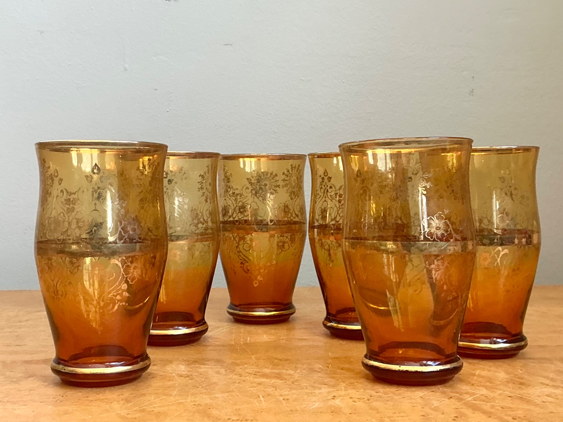Vintage Amber Floral Glass Tumblers - Set of 6 - Detail view
