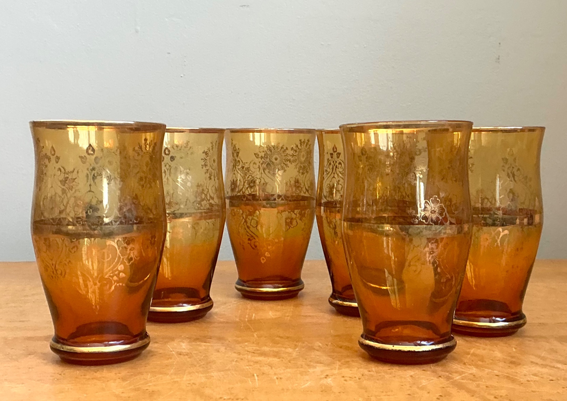 Vintage Amber Floral Glass Tumblers - Set of 6 - Detail view