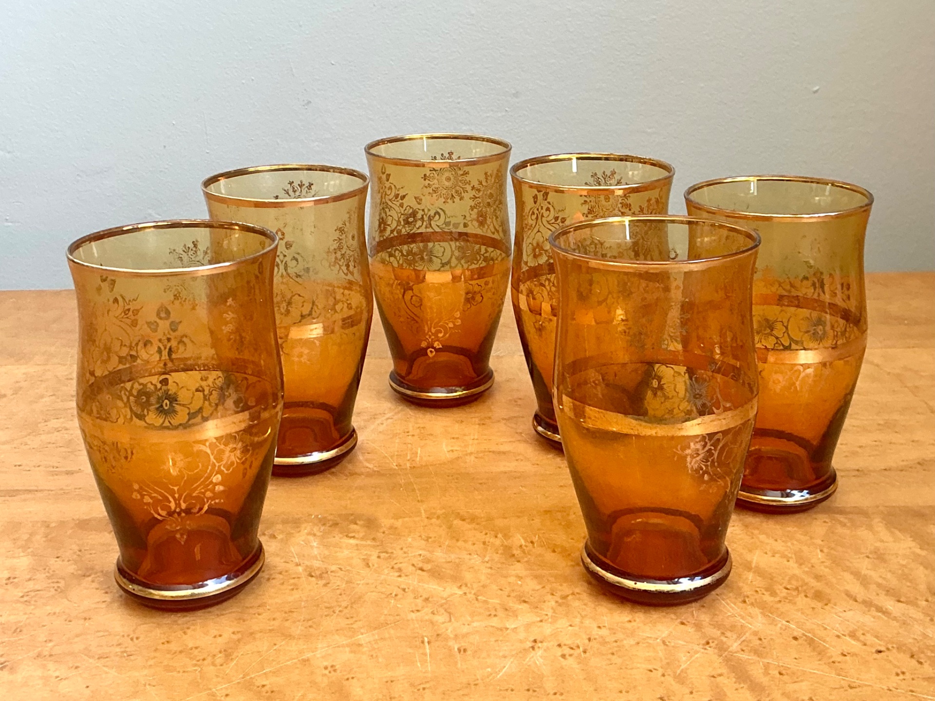 Vintage Amber Floral Glass Tumblers - Set of 6 - Side view