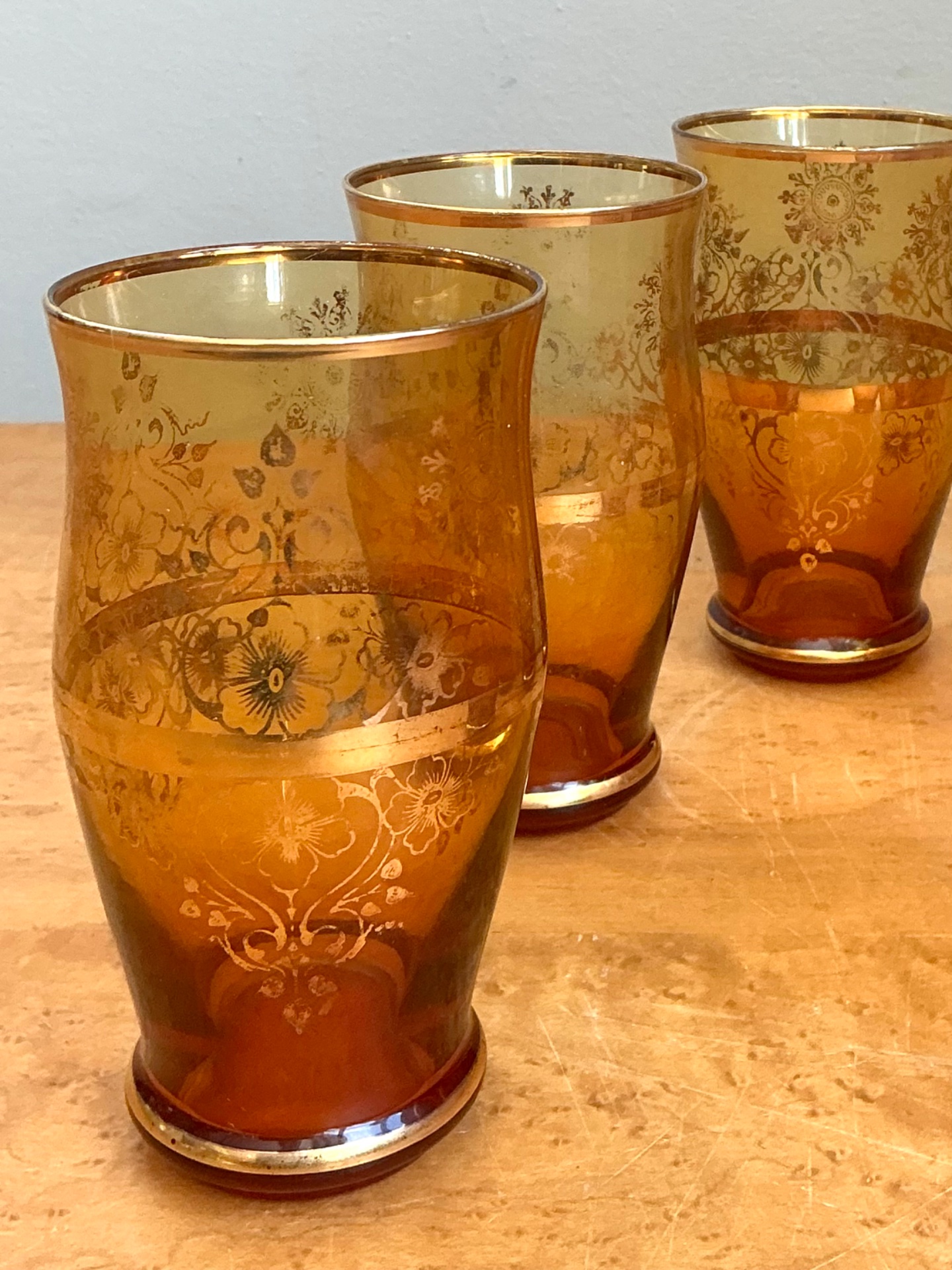 Vintage Amber Floral Glass Tumblers - Set of 6 - Side view