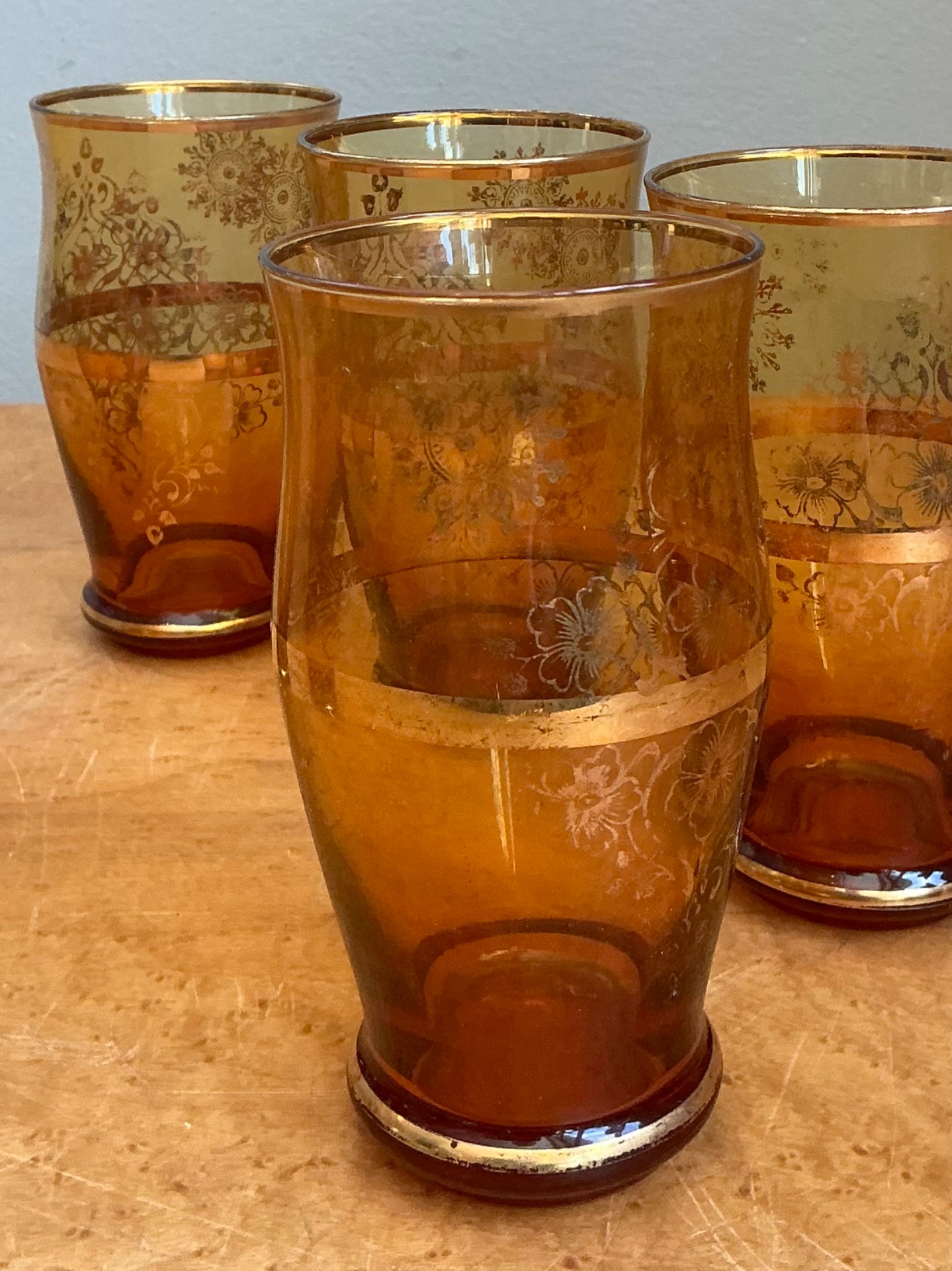 Vintage Amber Floral Glass Tumblers - Set of 6 - Top view