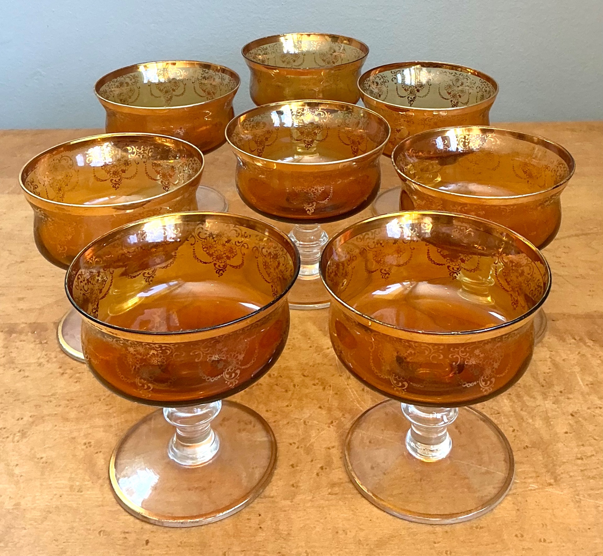 Vintage Amber Floral Glass Coupes - Set of 8 - Detail view