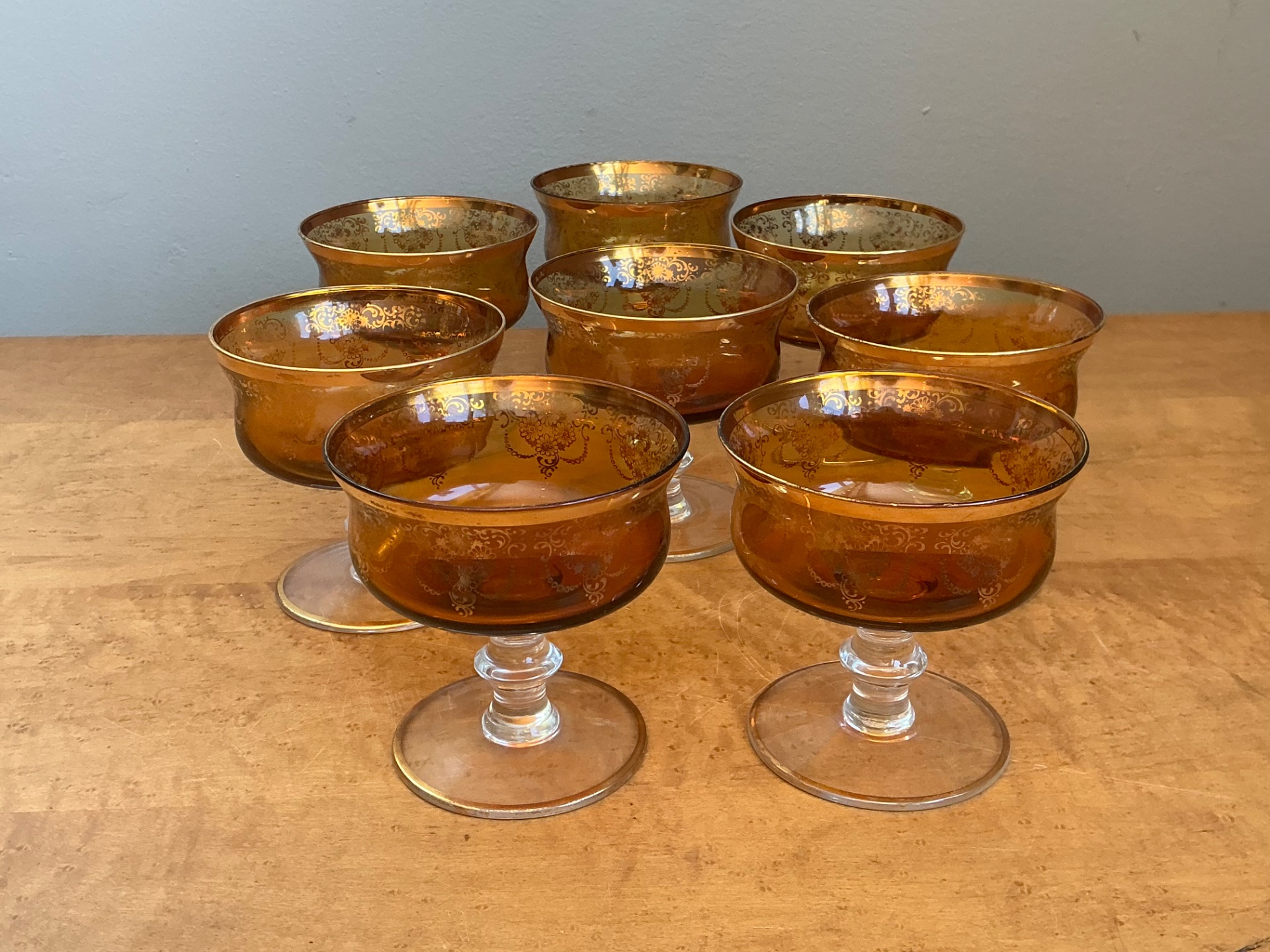 Vintage Amber Floral Glass Coupes - Set of 8 - Top view