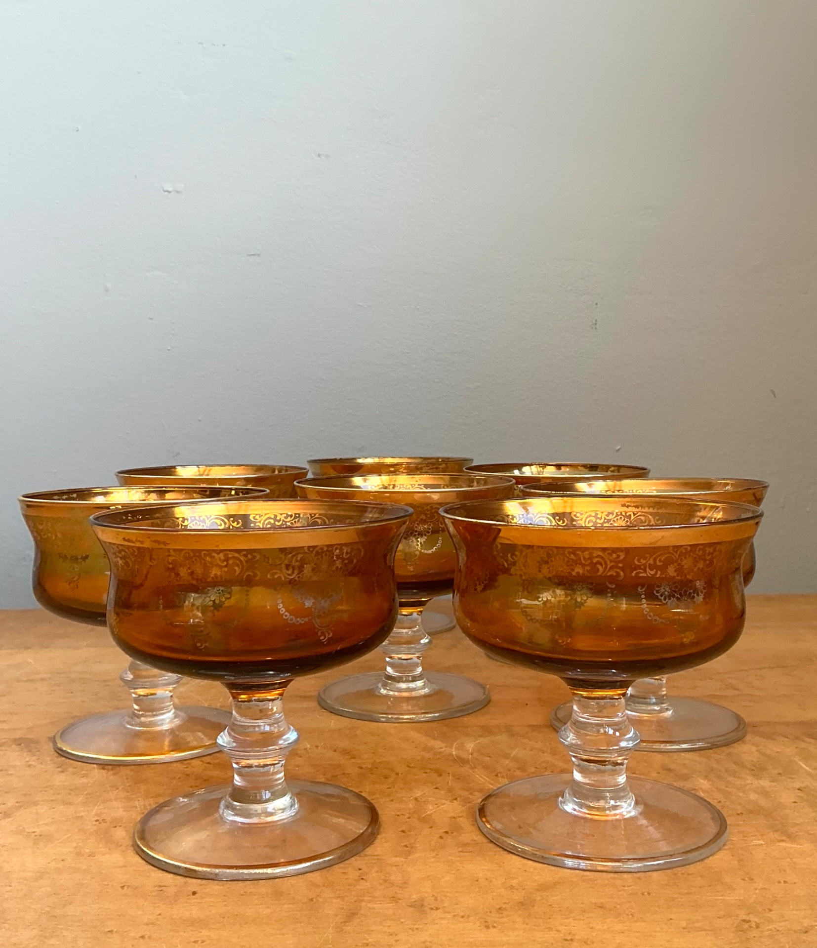 Vintage Amber Floral Glass Coupes - Set of 8 - Side view