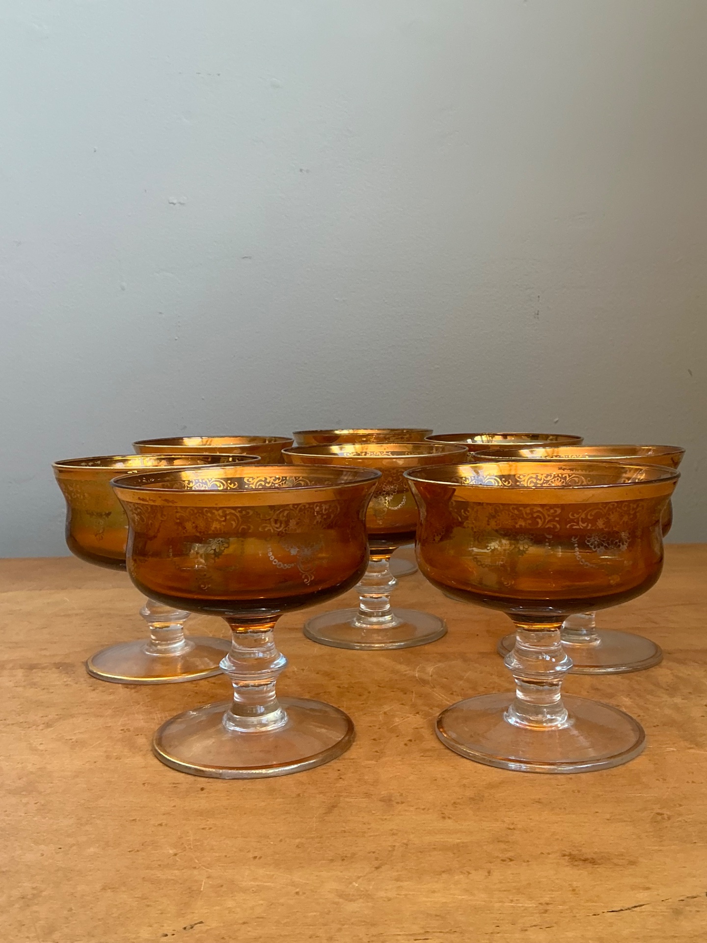 Vintage Amber Floral Glass Coupes - Set of 8 - Back view