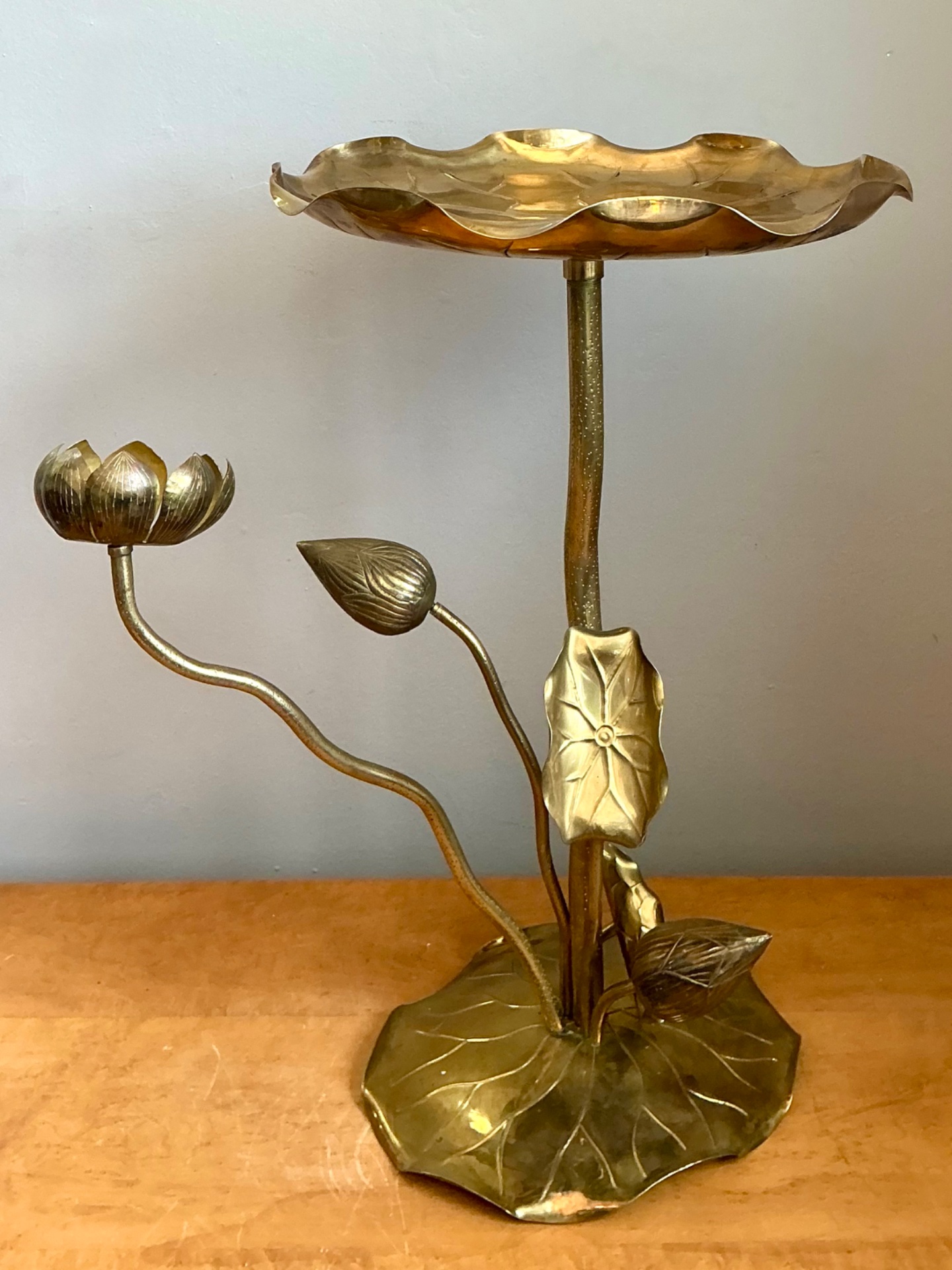 Vintage Carole Stupell Brass Lotus Leaf Accent Table - Side view