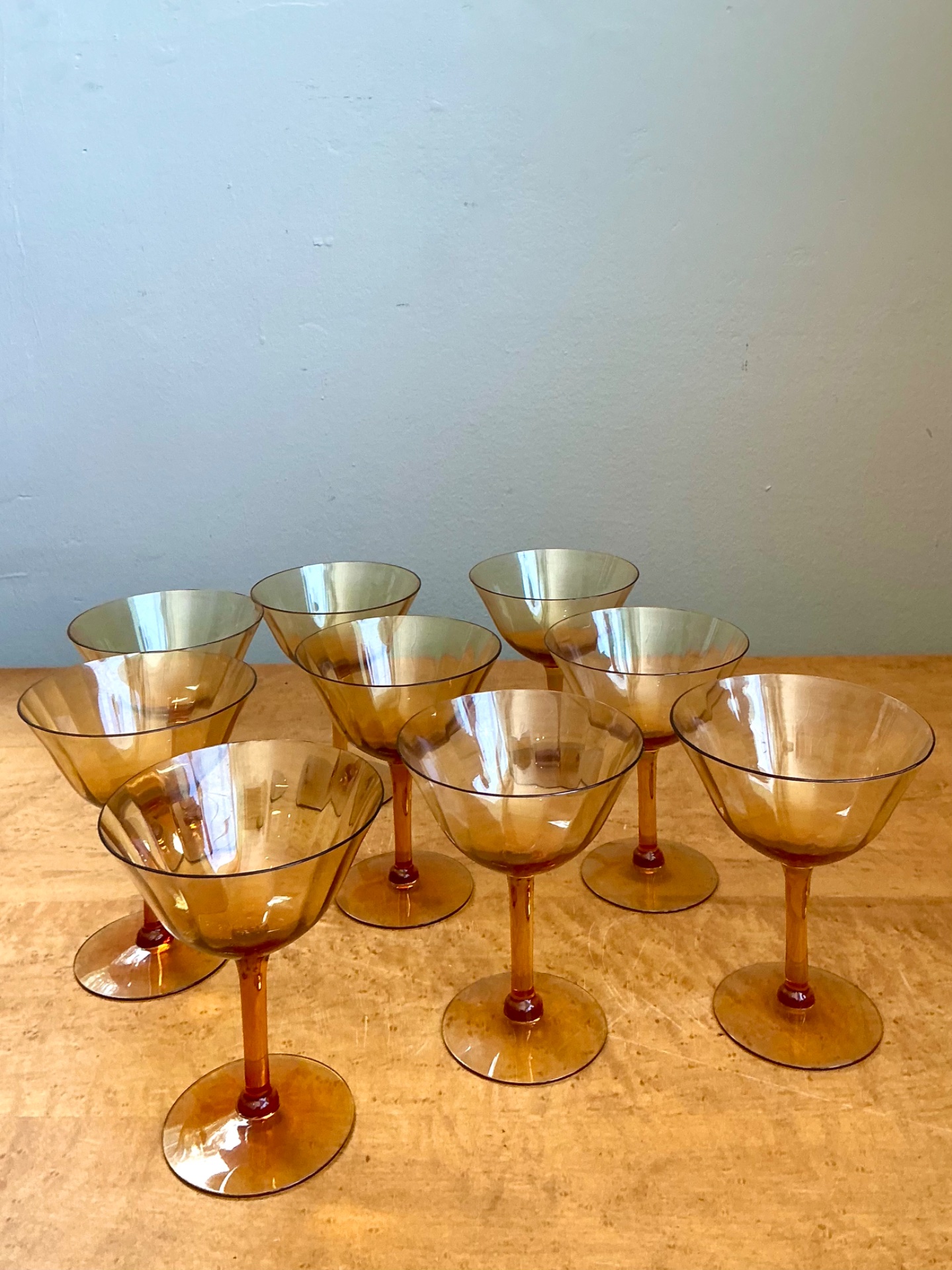 Vintage Amber Glass Coupes - Set of 9 - Top view
