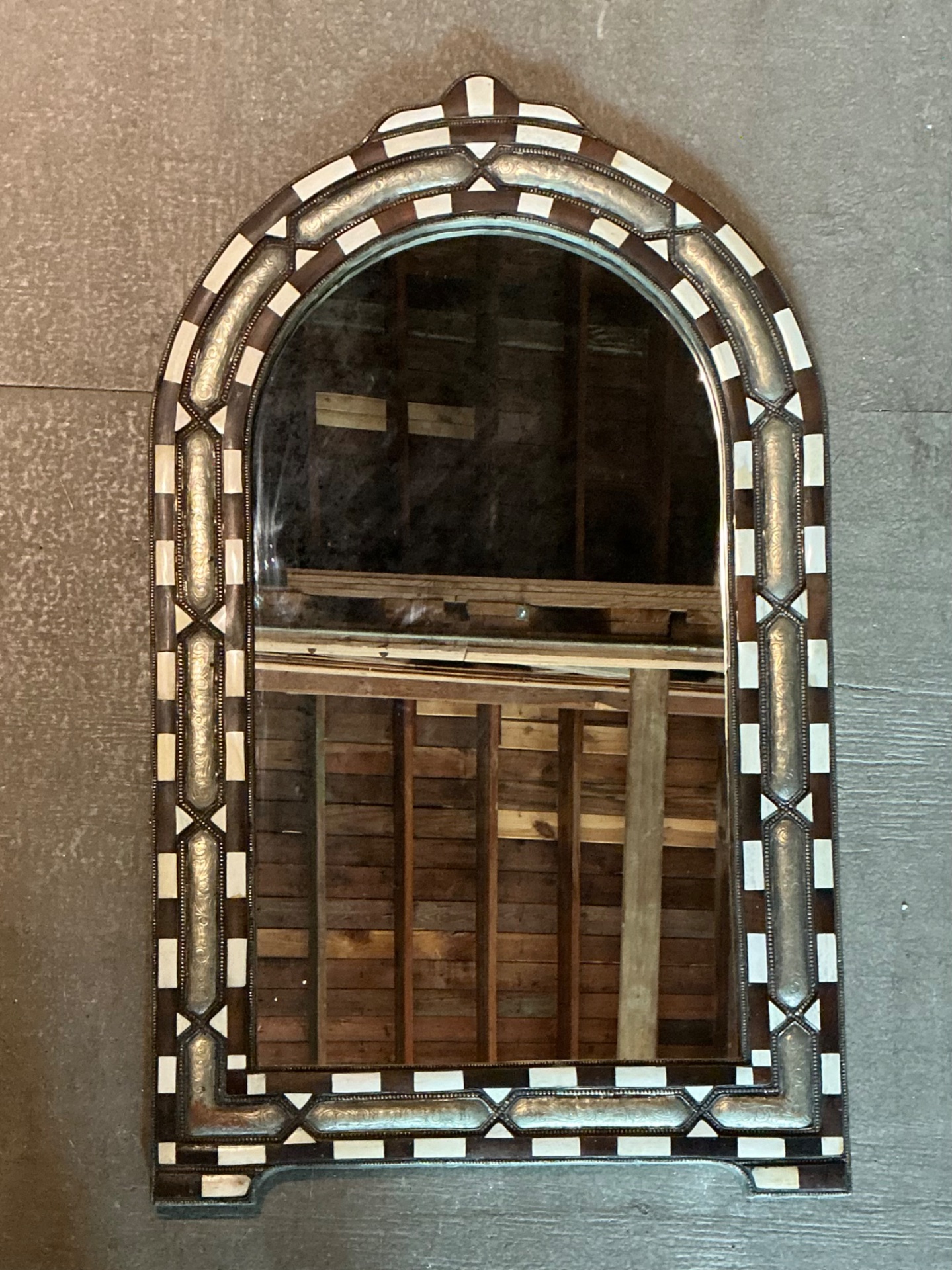 Vintage Bone Inlay Arched Wall Mirror - Detail view