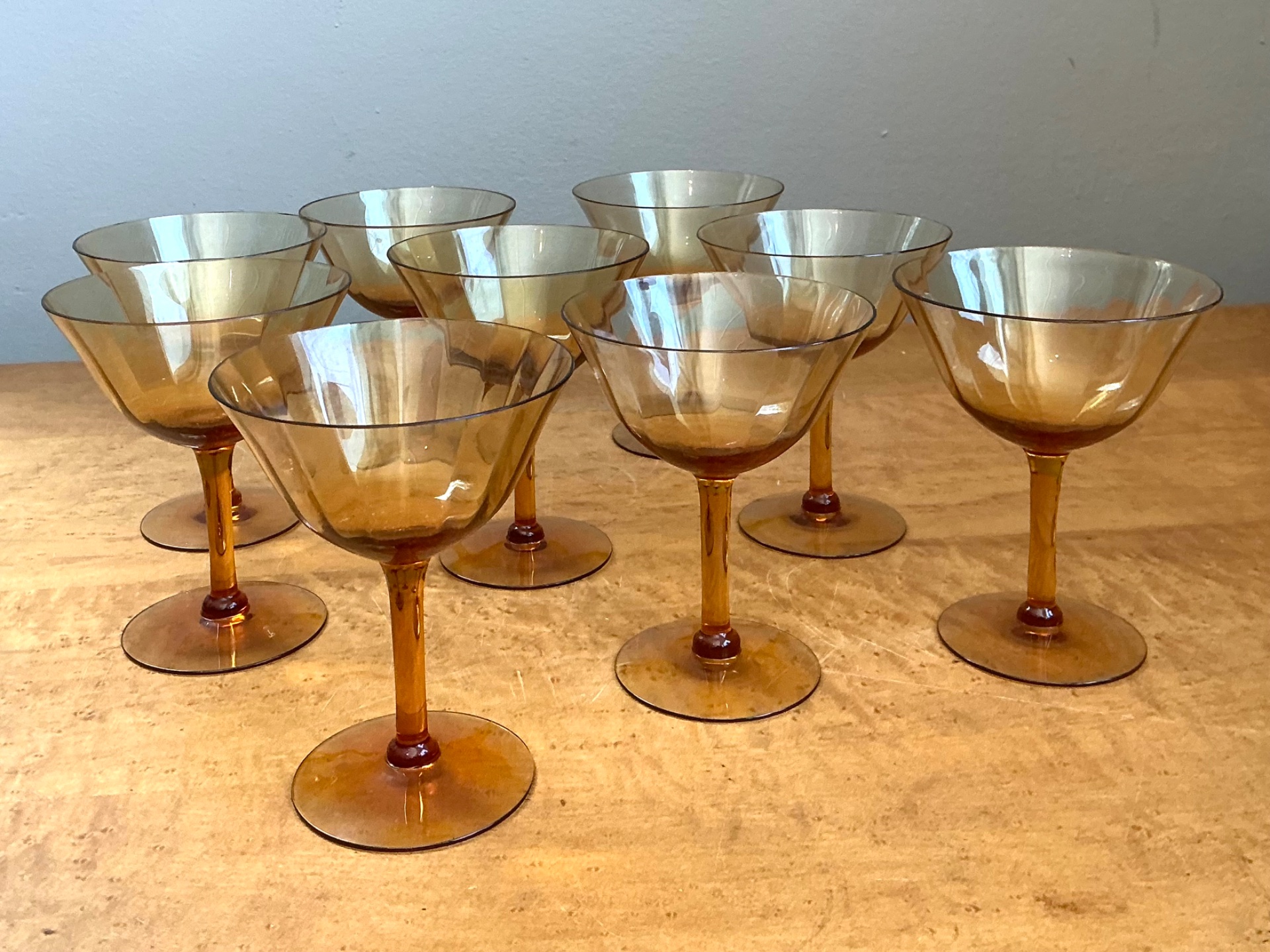 Vintage Amber Glass Coupes - Set of 9 - Side view