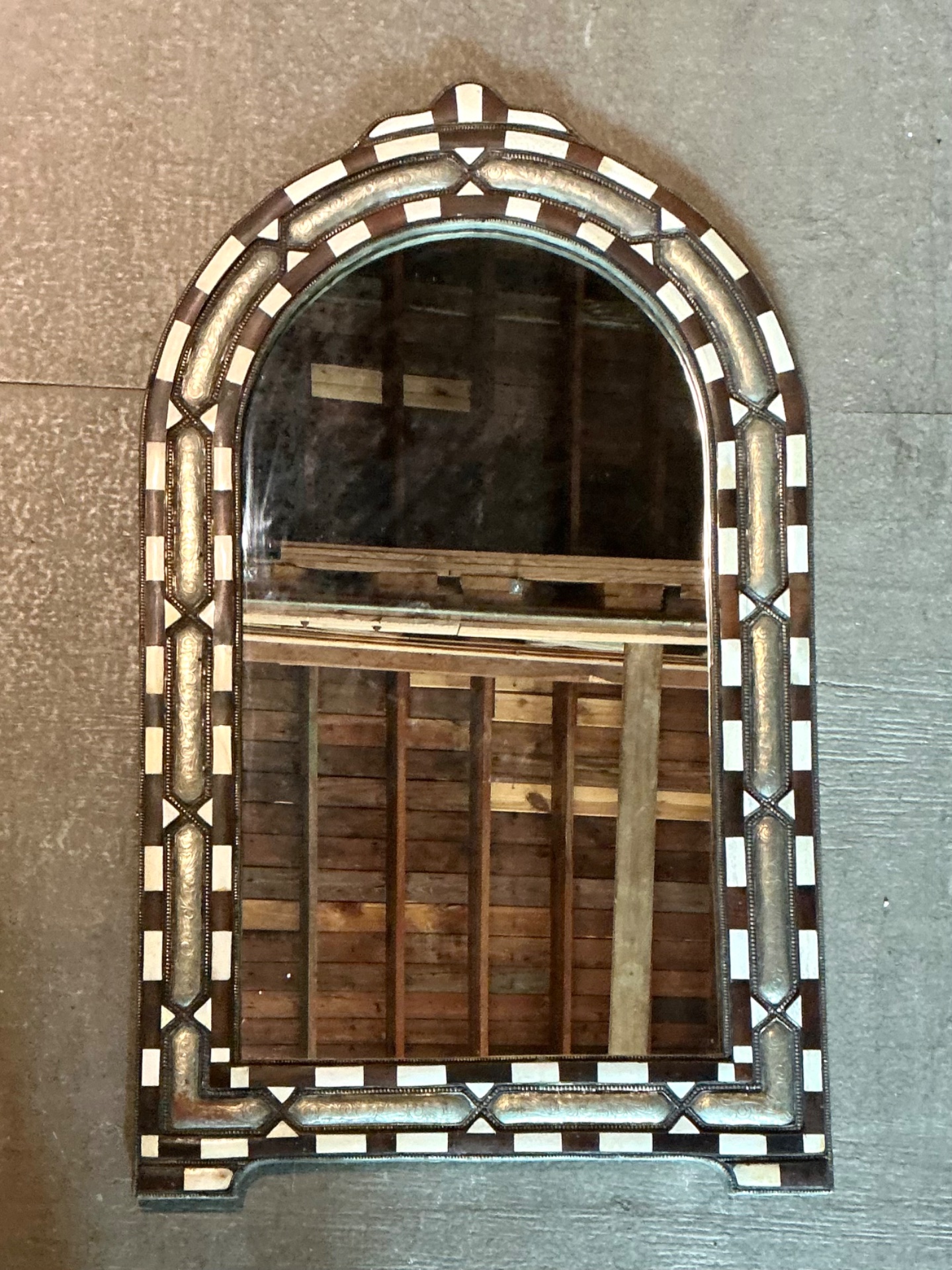 Vintage Bone Inlay Arched Wall Mirror - Top view