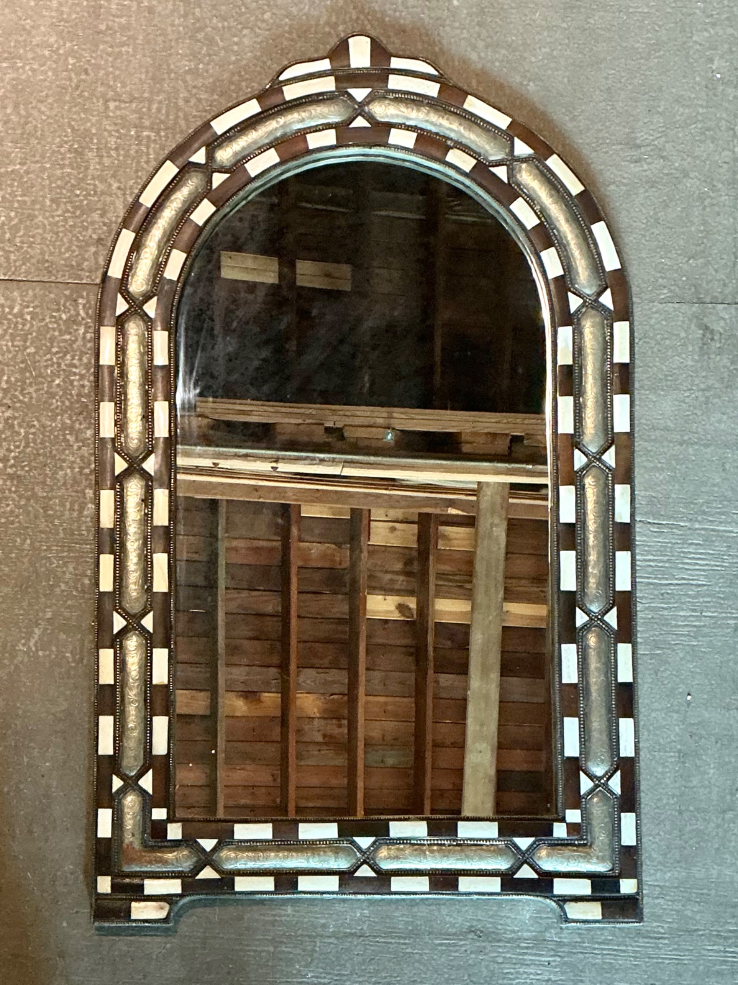 Vintage Bone Inlay Arched Wall Mirror - Side view