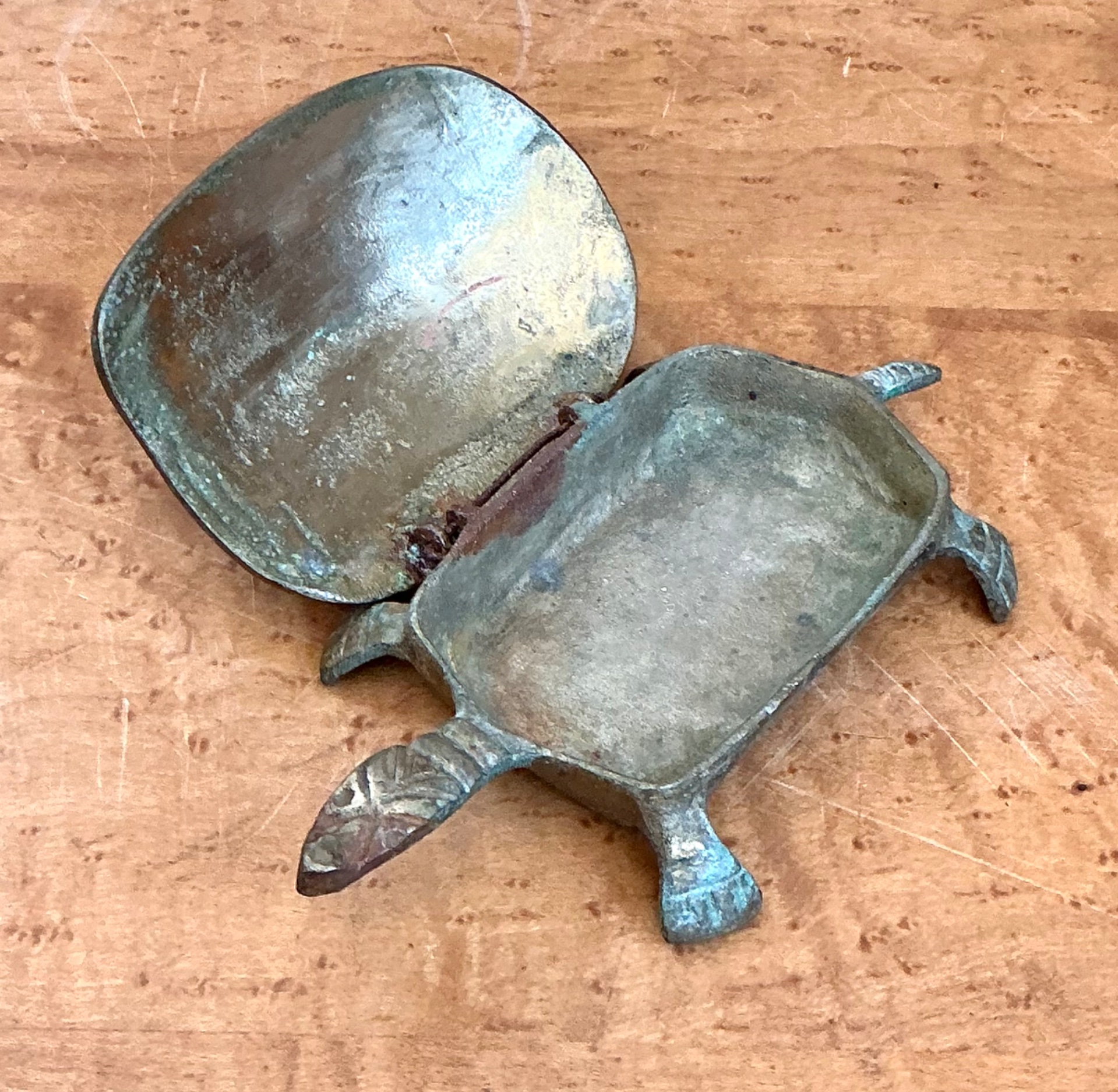 Vintage Patinated Metal Turtle Trinket Box - Top view