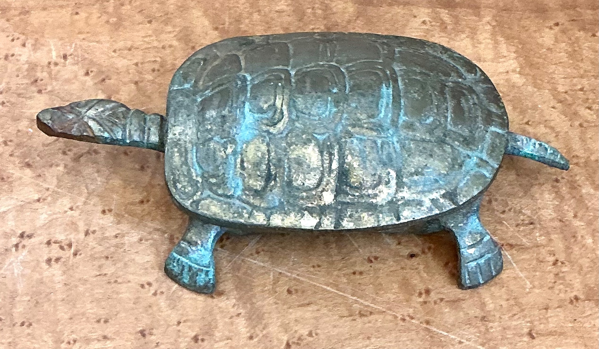 Vintage Patinated Metal Turtle Trinket Box - Side view