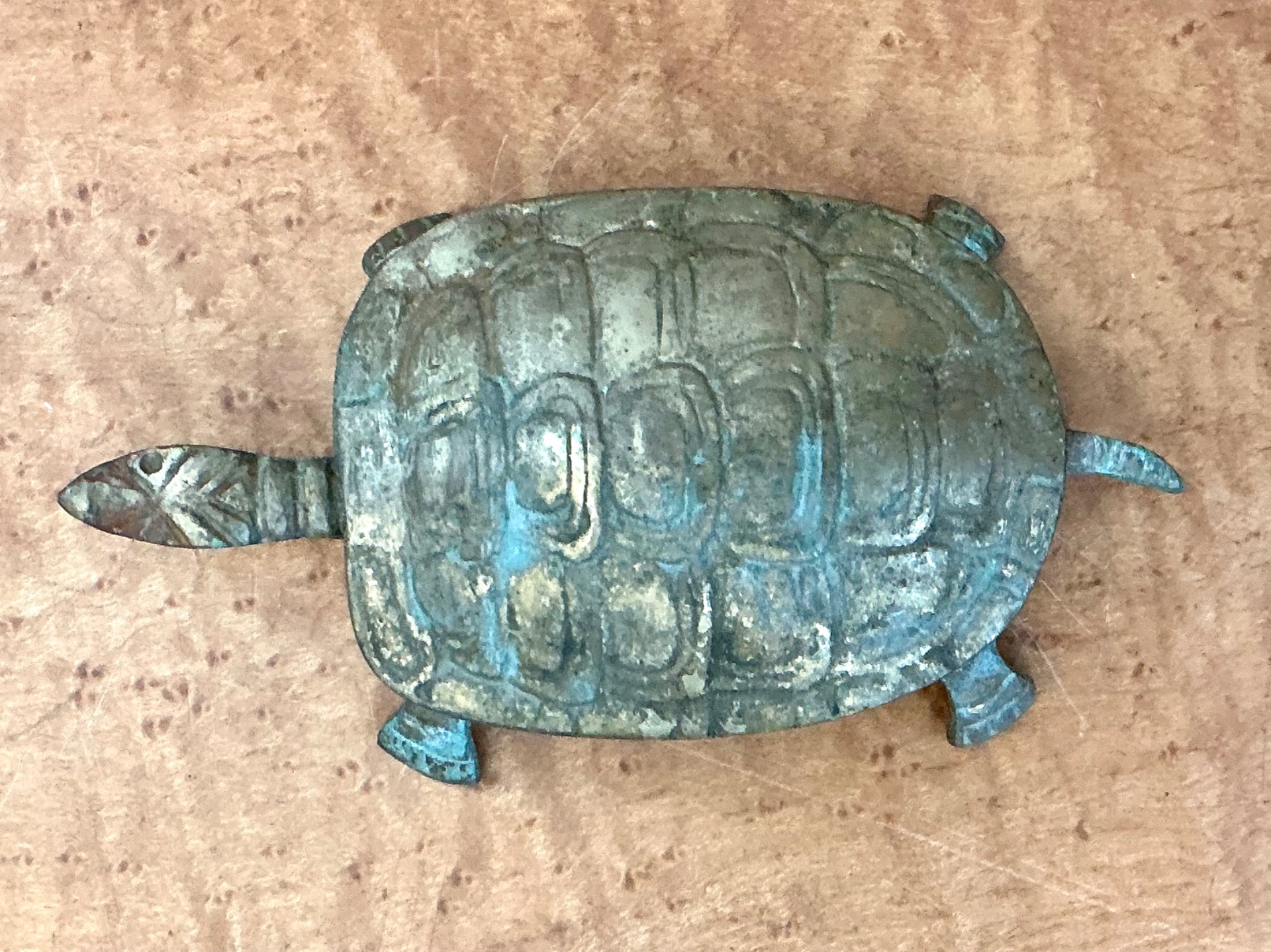 Vintage Patinated Metal Turtle Trinket Box - Detail view