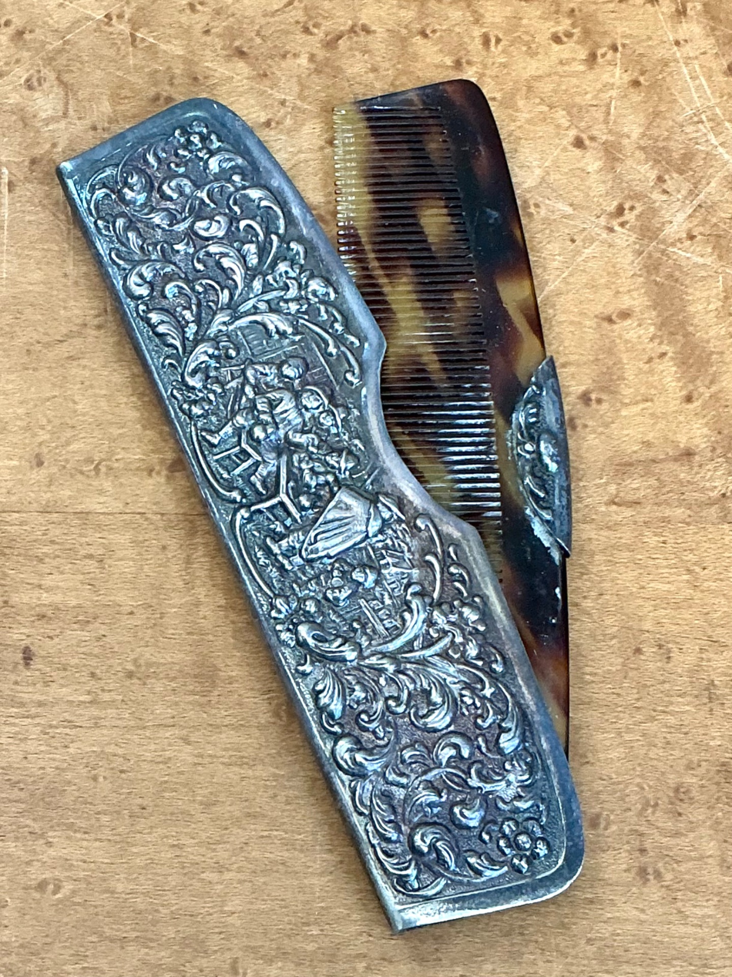 Vintage Tortoise Comb Intricate Metal Case - Top view