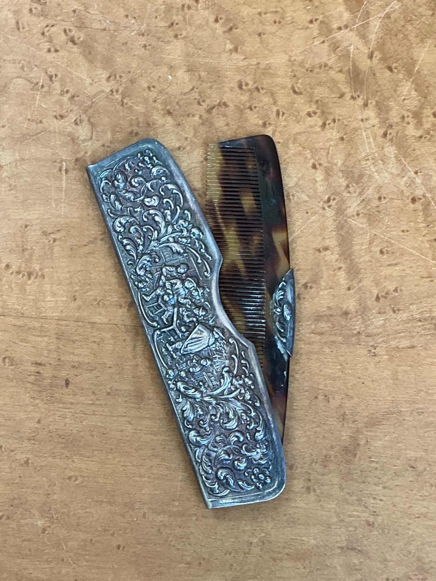 Vintage Tortoise Comb Intricate Metal Case - Top view