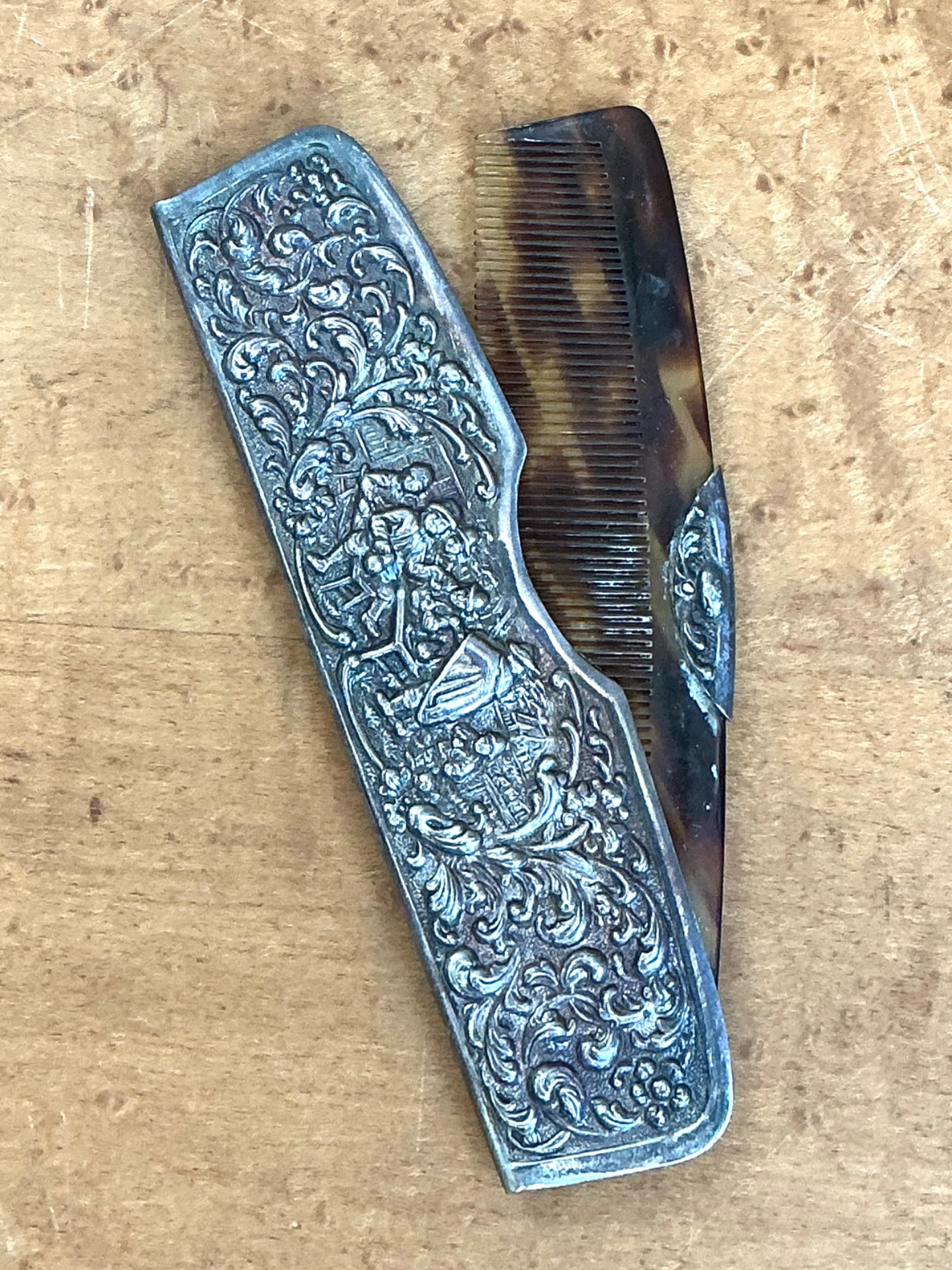 Vintage Tortoise Comb Intricate Metal Case - Side view