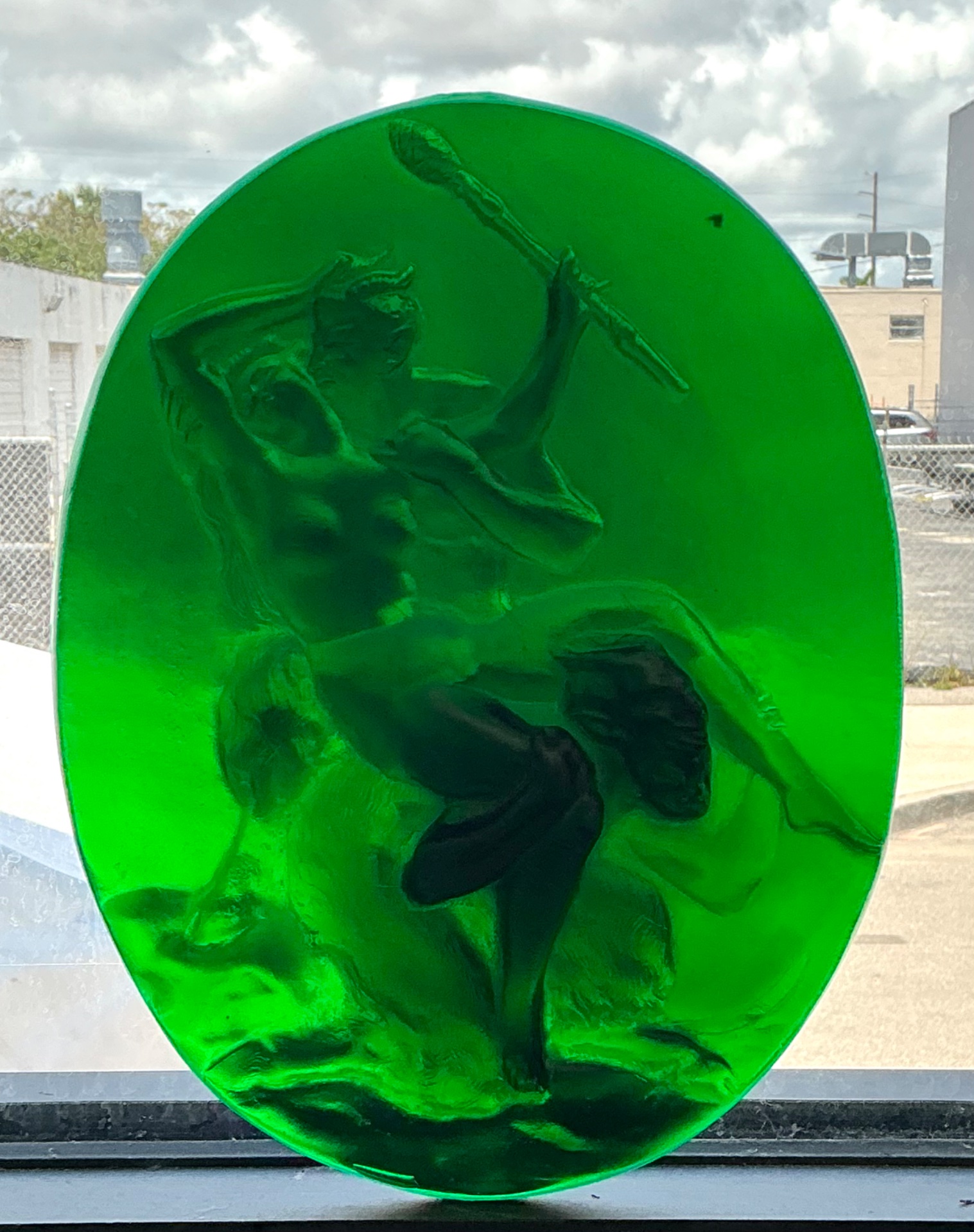 Vintage Green Glass Relief “Nymph with two satyrs” - Side view