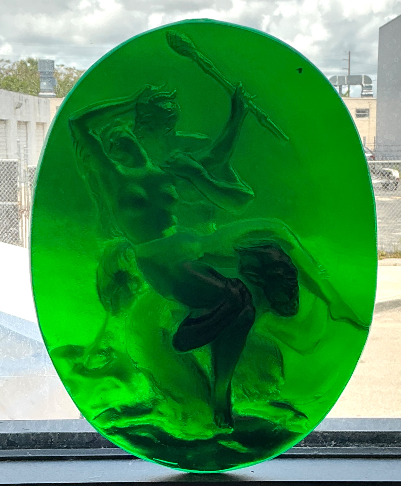 Vintage Green Glass Relief “Nymph with two satyrs” - Top view