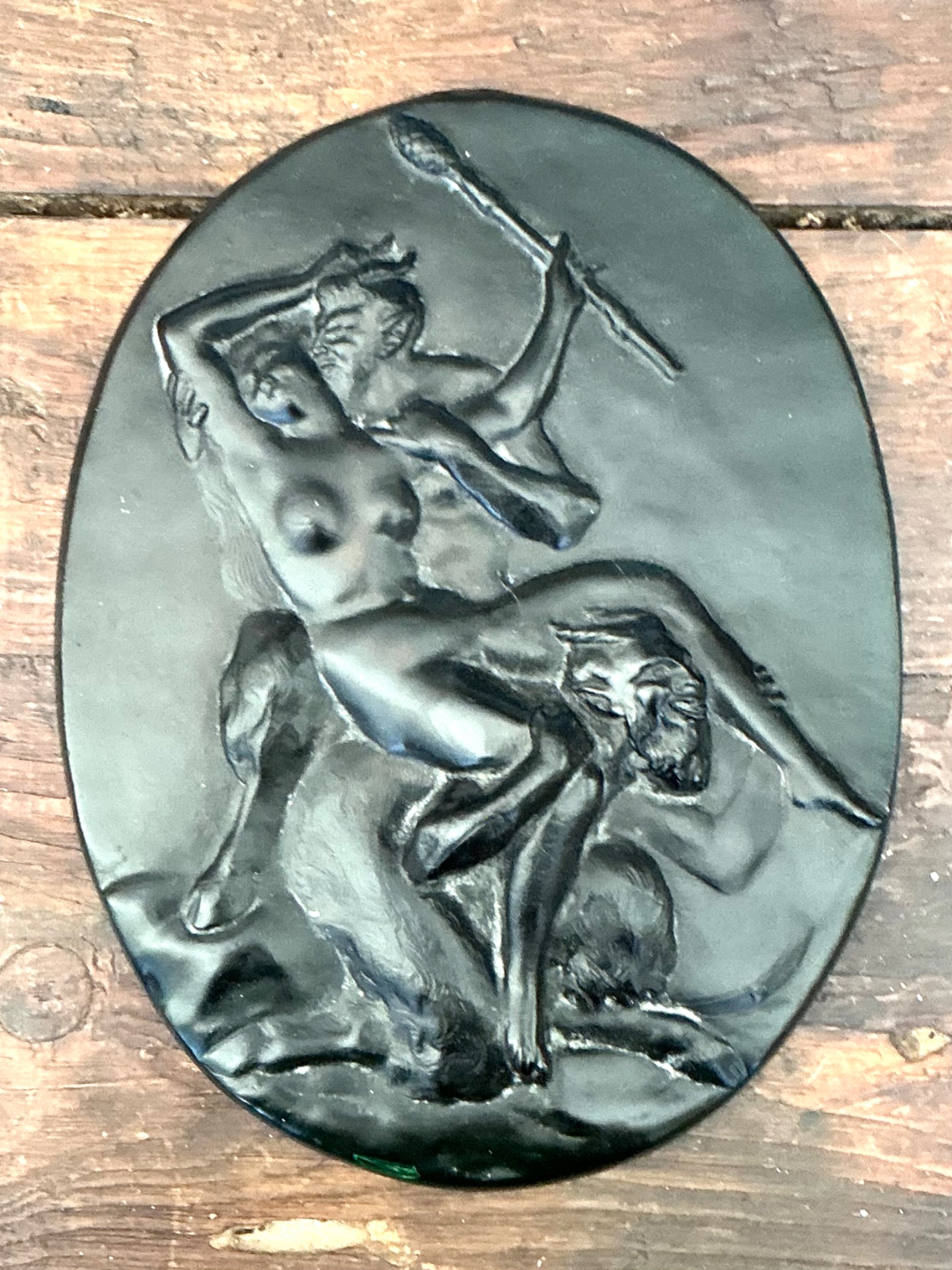 Vintage Green Glass Relief “Nymph with two satyrs” - Detail view